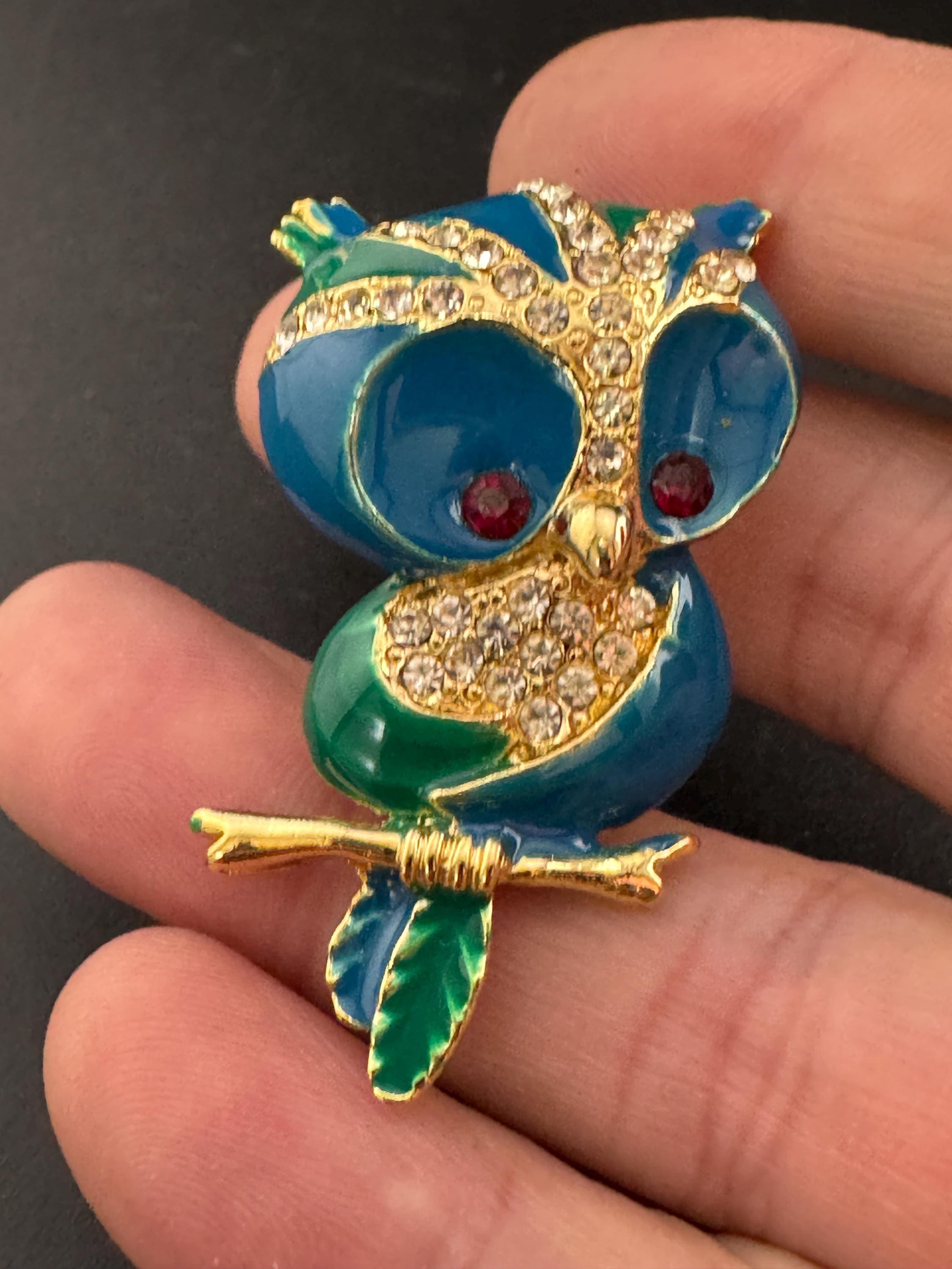 Retro green and blue enamel owl diamanté crystal brooch