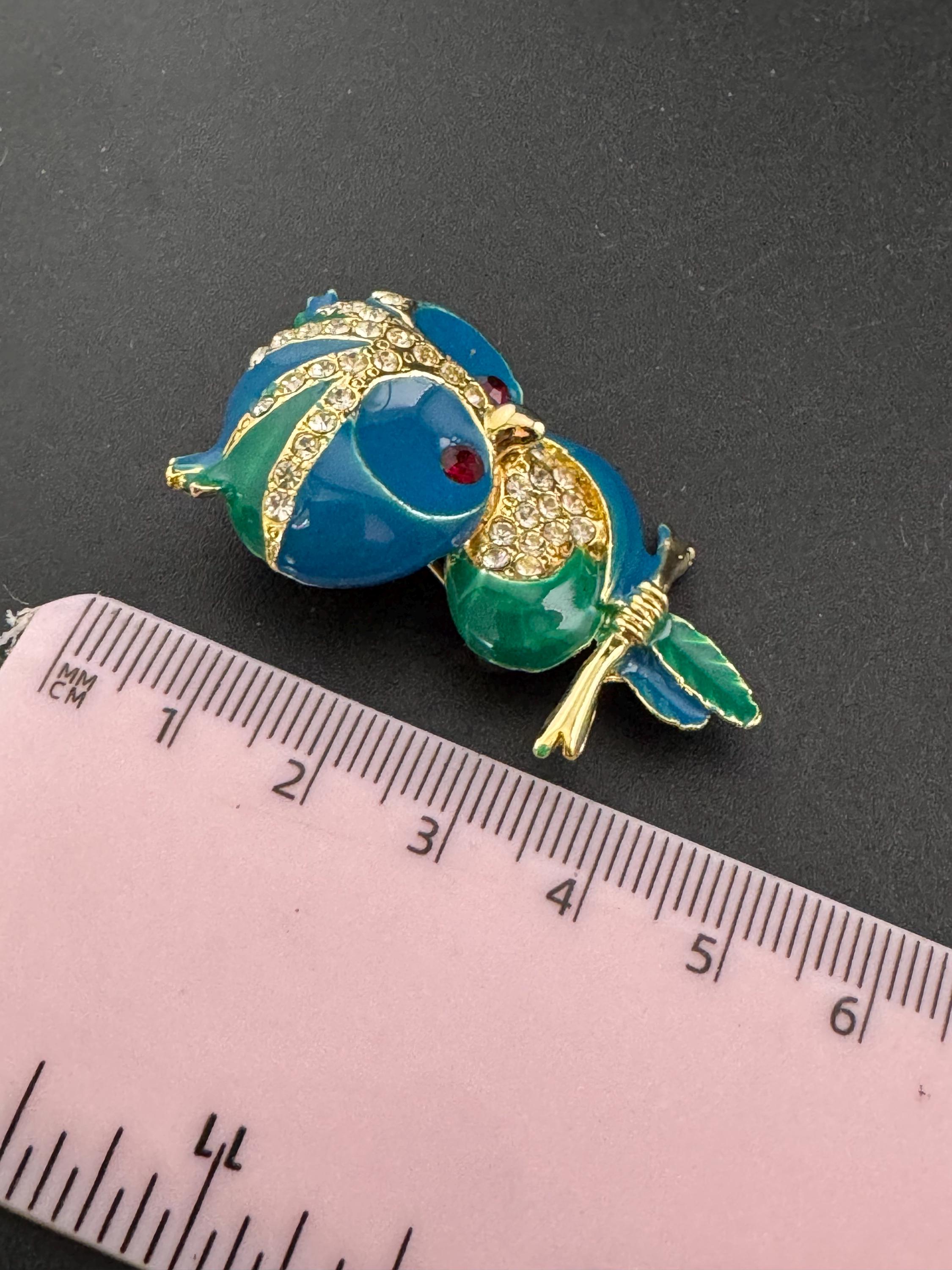 Retro green and blue enamel owl diamanté crystal brooch