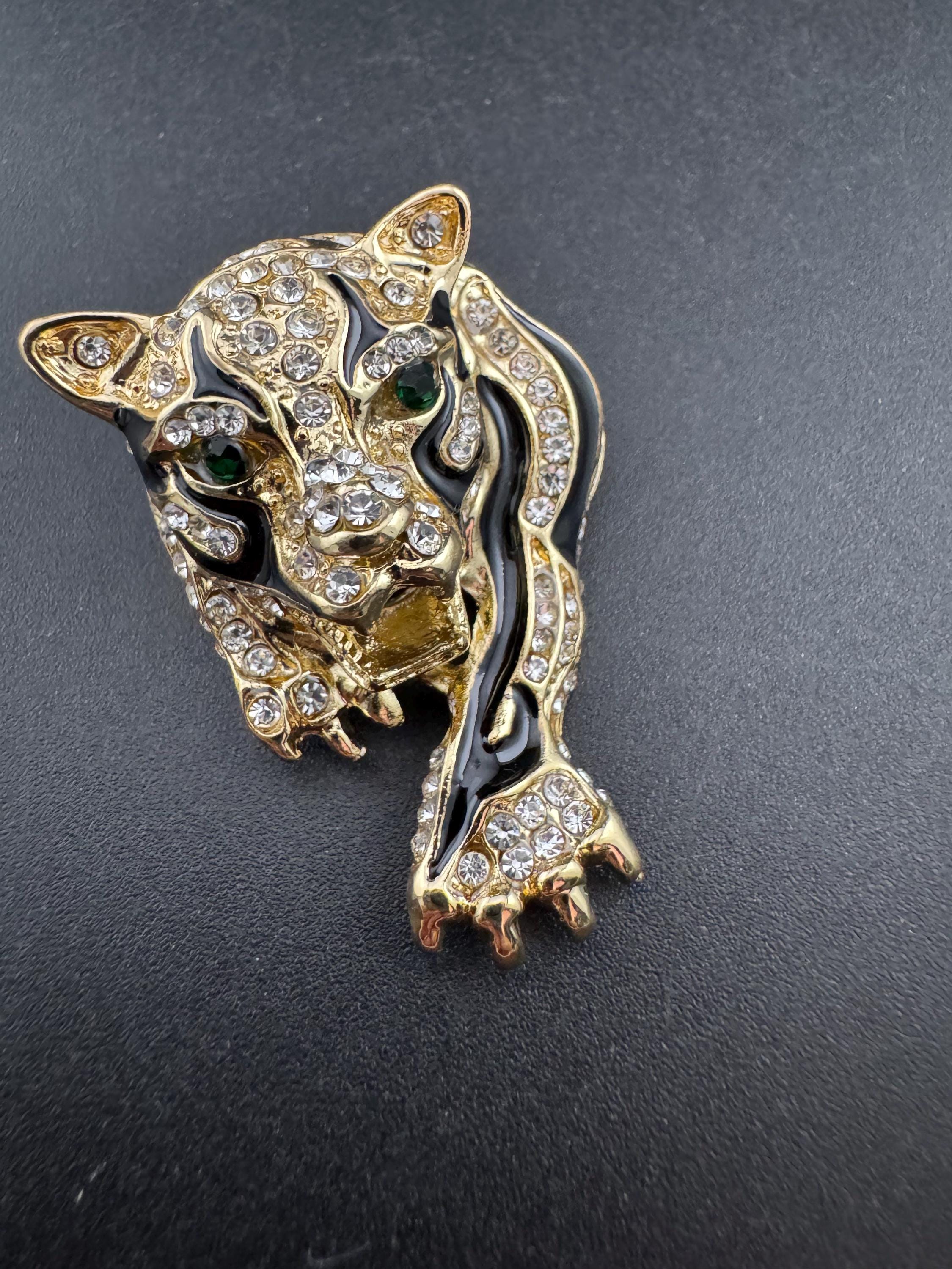 Retro Black Enamel Cat Brooch: Rhinestone Diamanté Roaring Tiger