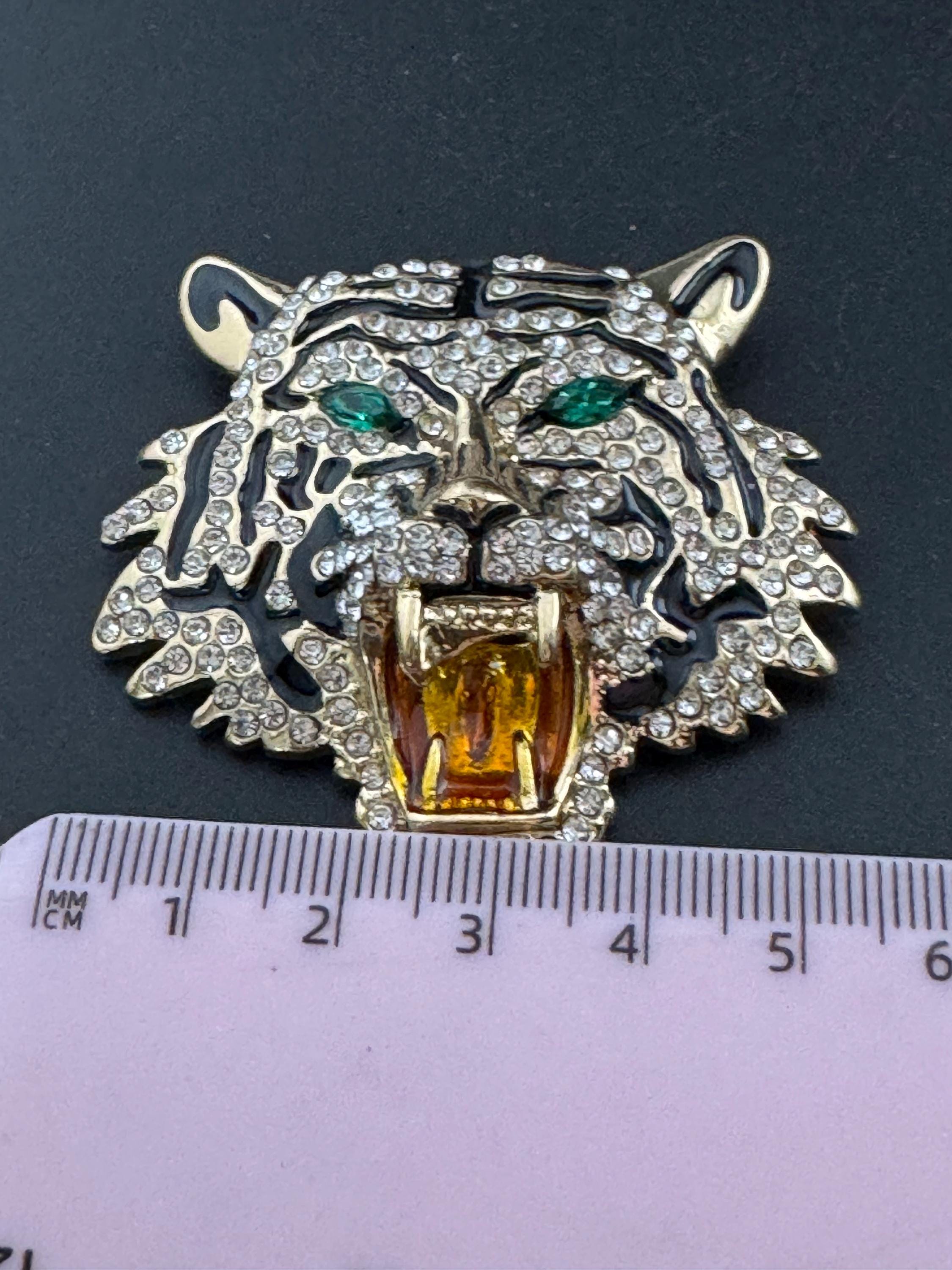 Vintage Enamel Tiger Brooch: Rhinestone Diamanté Big Cat Pendant