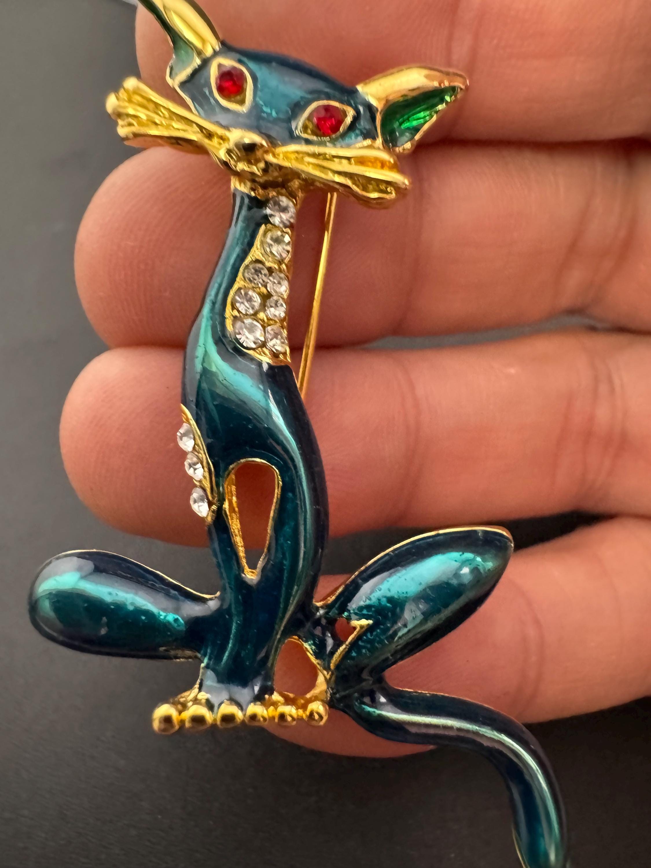 Vintage 5cm teal green blue enamel gold tone novelty cat brooch pin