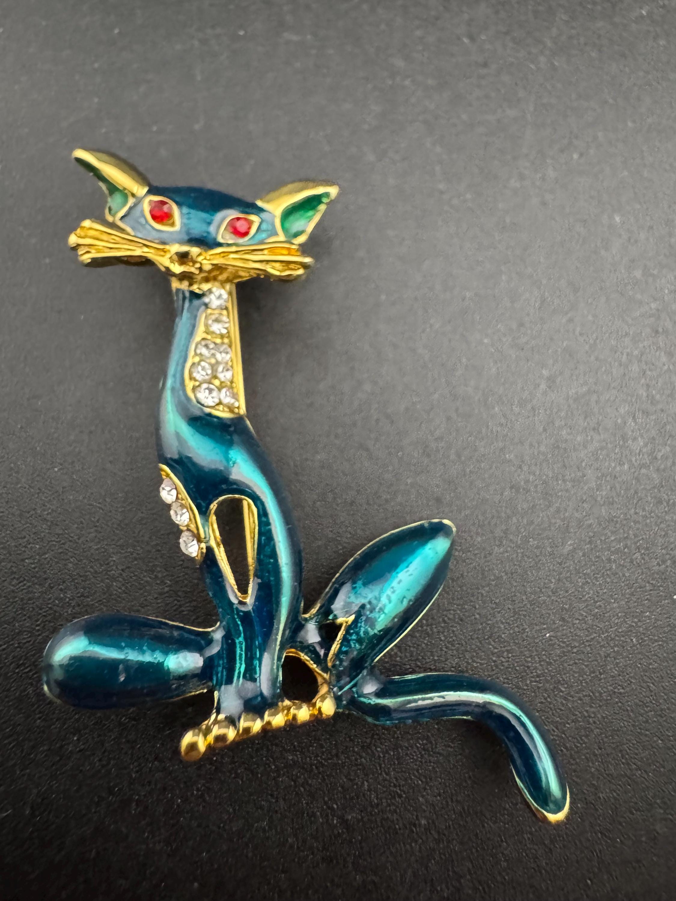 Vintage 5cm teal green blue enamel gold tone novelty cat brooch pin