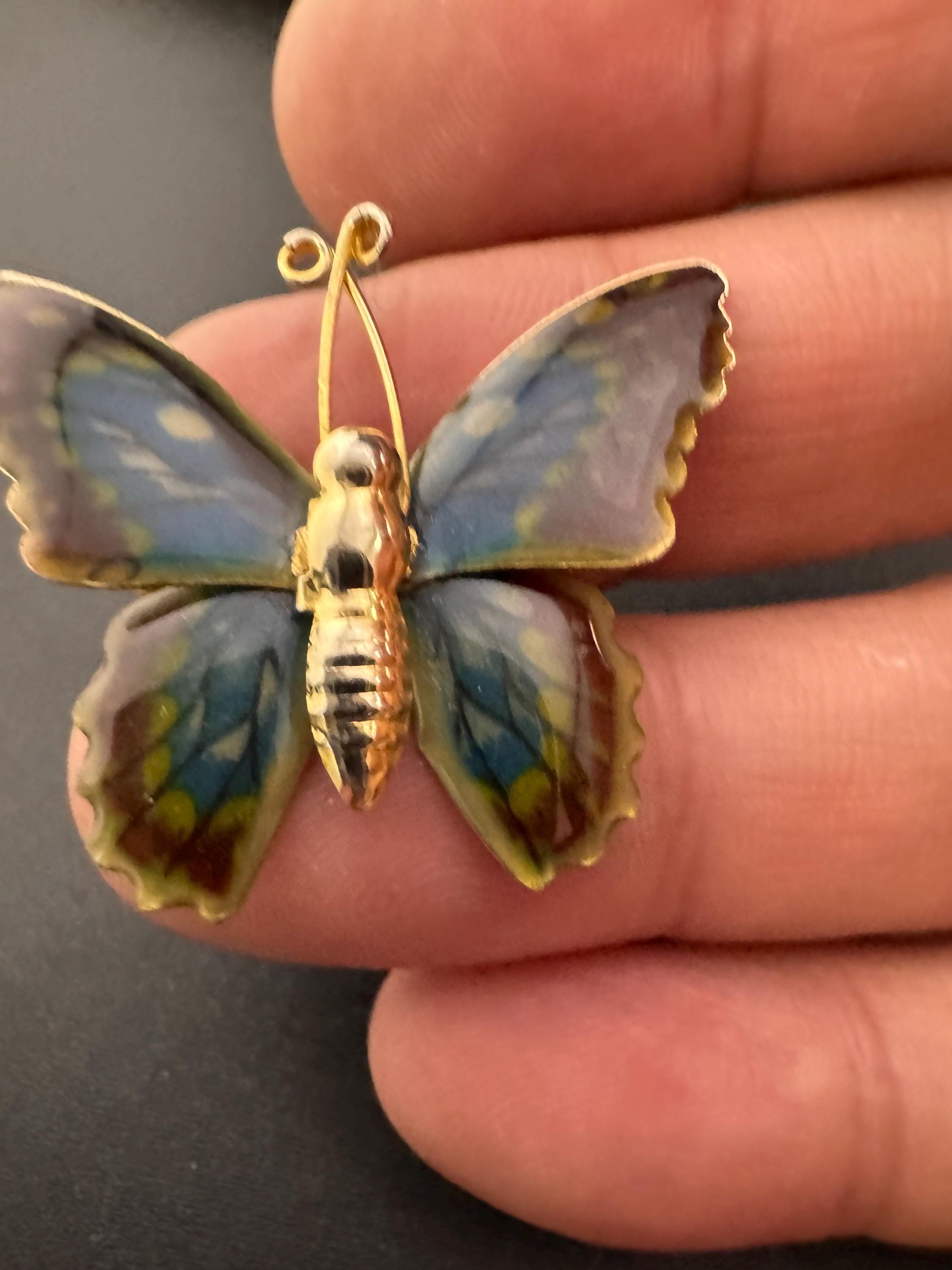 Vintage small gold tone brass blue brown enamel butterfly brooch pin