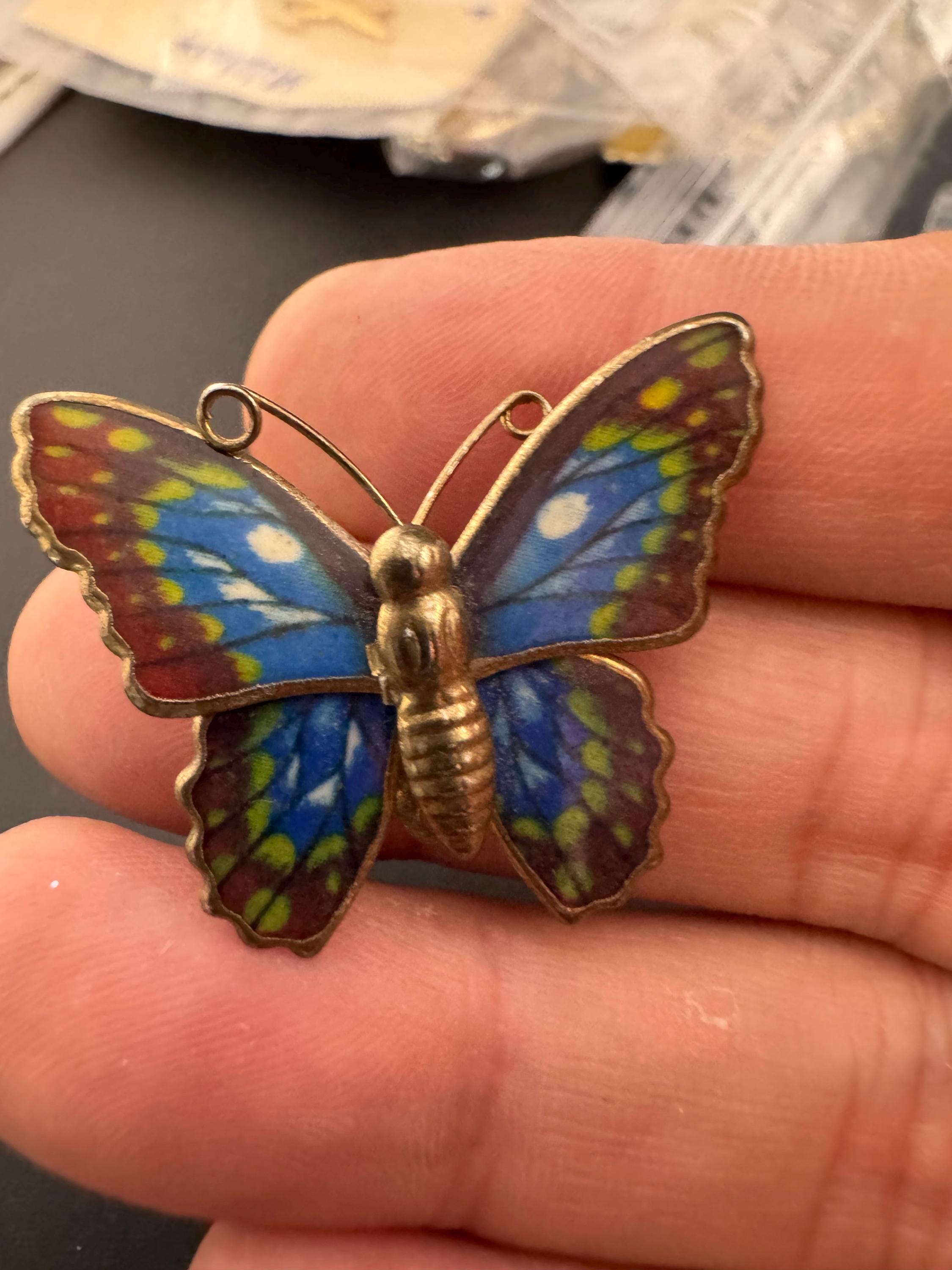 Vintage small gold tone brass blue brown green enamel butterfly brooch pin