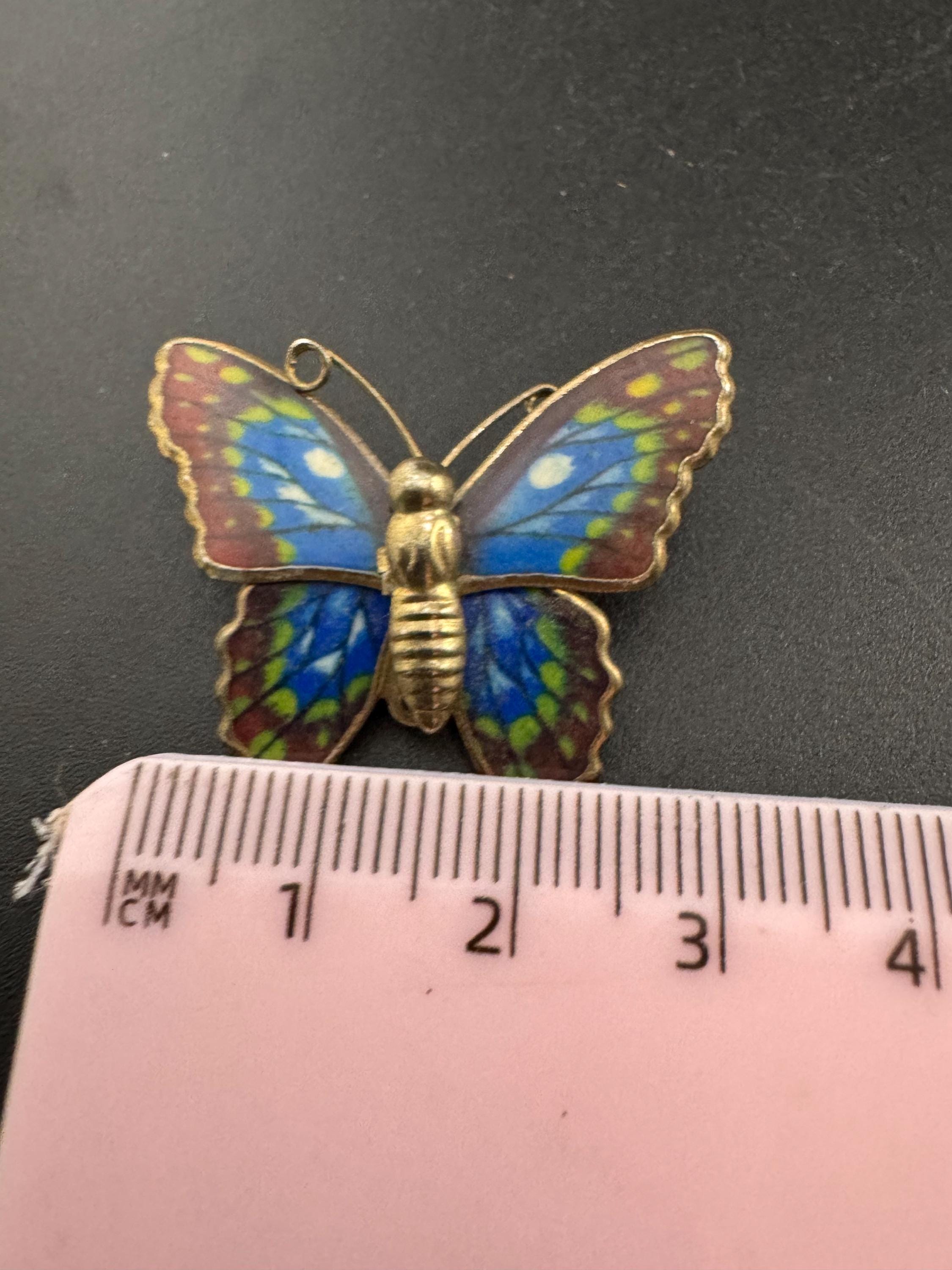 Vintage small gold tone brass blue brown green enamel butterfly brooch pin