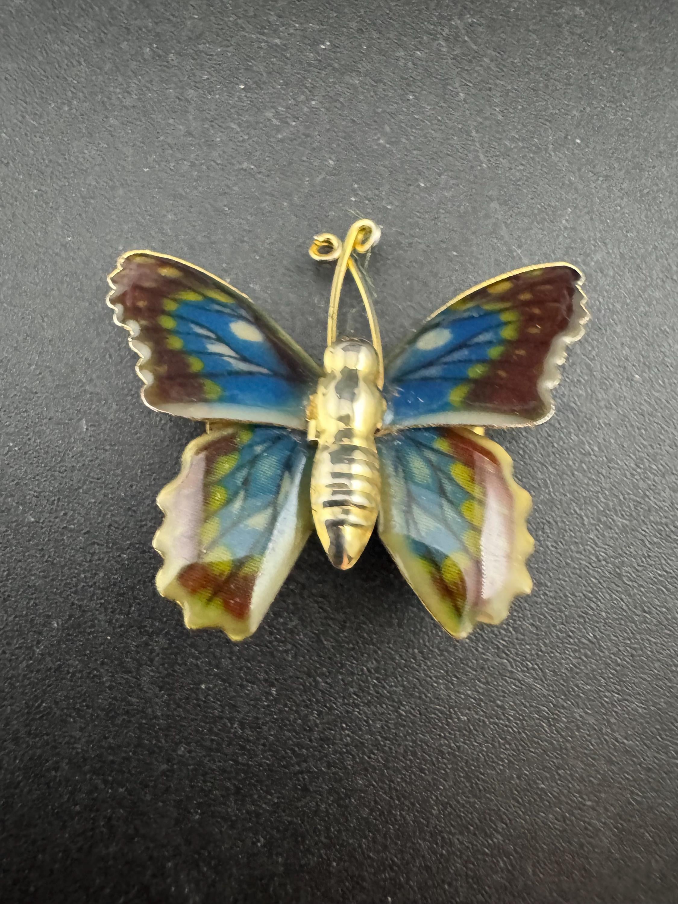 Vintage small gold tone brass blue brown green enamel butterfly brooch pin
