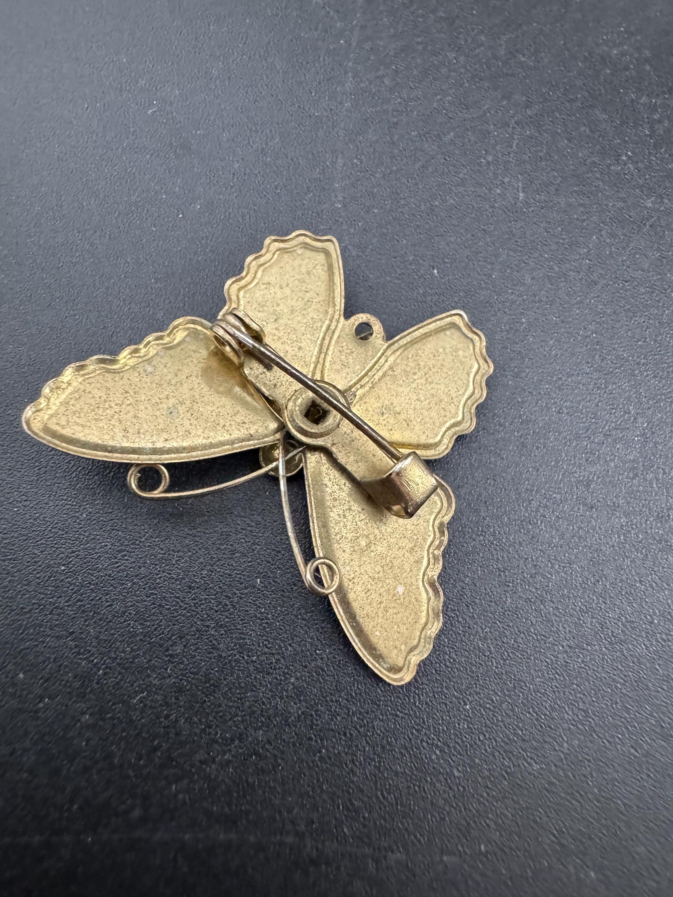Vintage small gold tone brass blue brown green enamel butterfly brooch pin