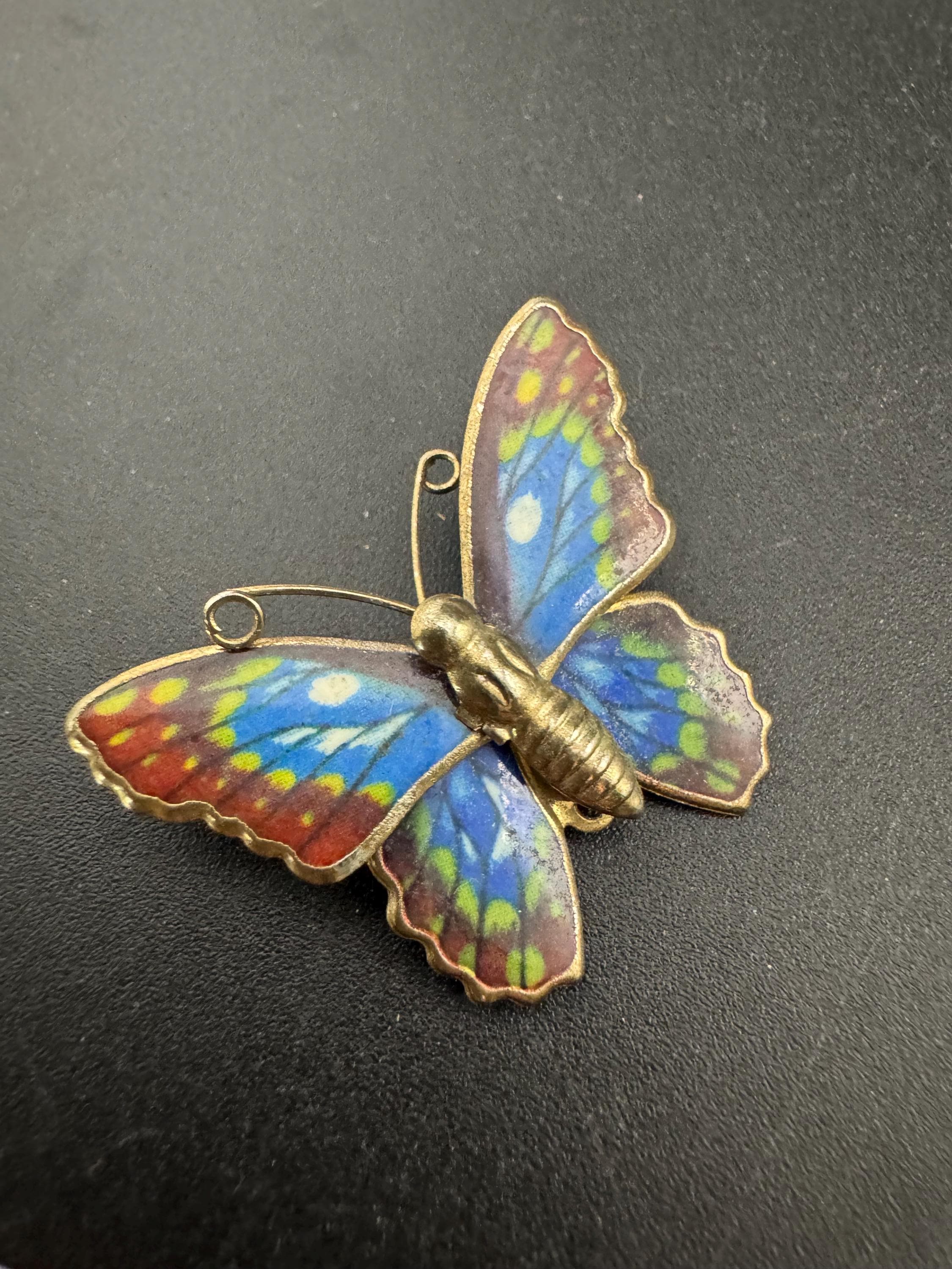 Vintage small gold tone brass blue brown green enamel butterfly brooch pin