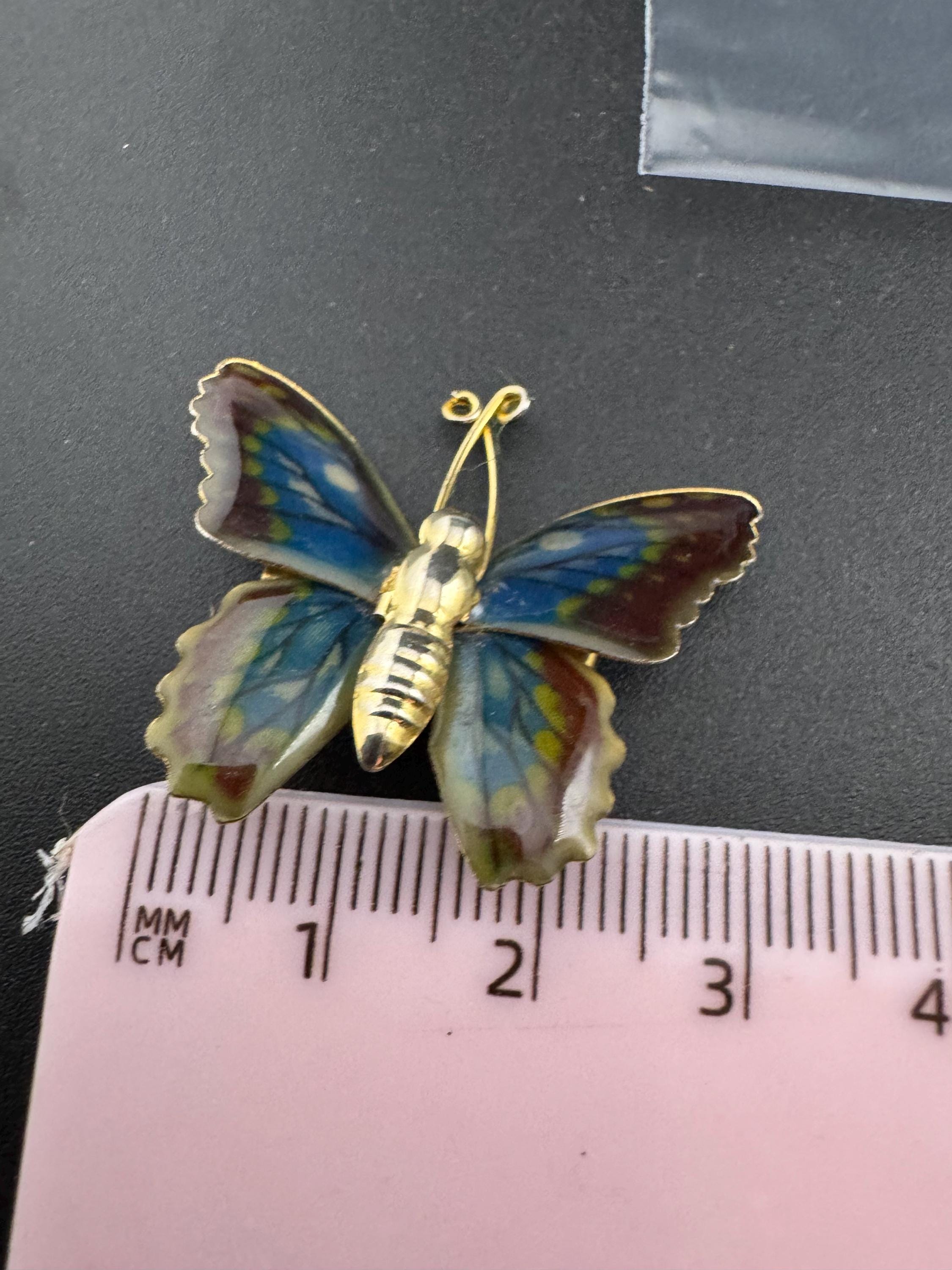 Vintage small gold tone brass blue brown green enamel butterfly brooch pin