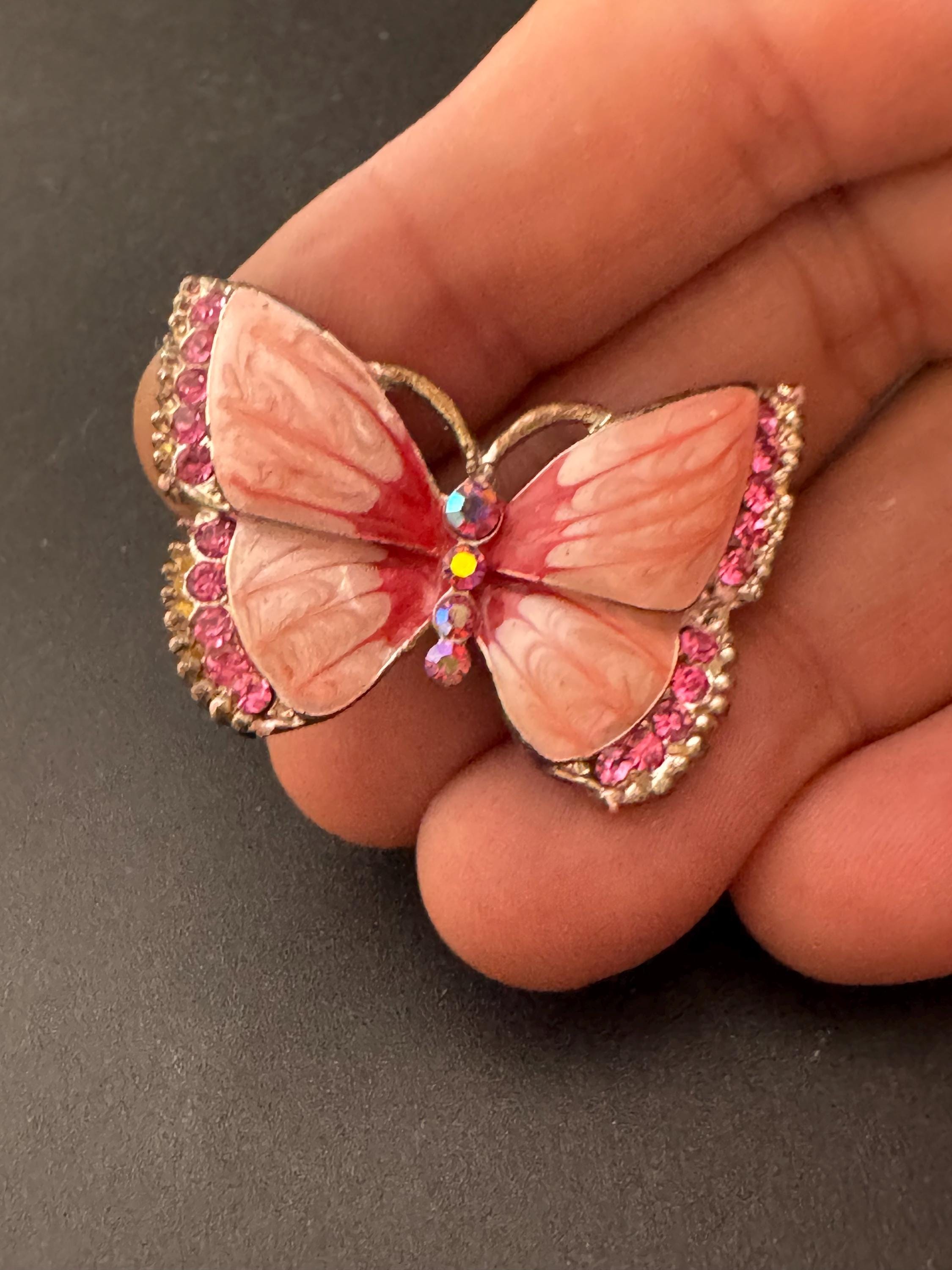 Vintage gold tone blue enamel and Ab diamanté butterfly brooch pin