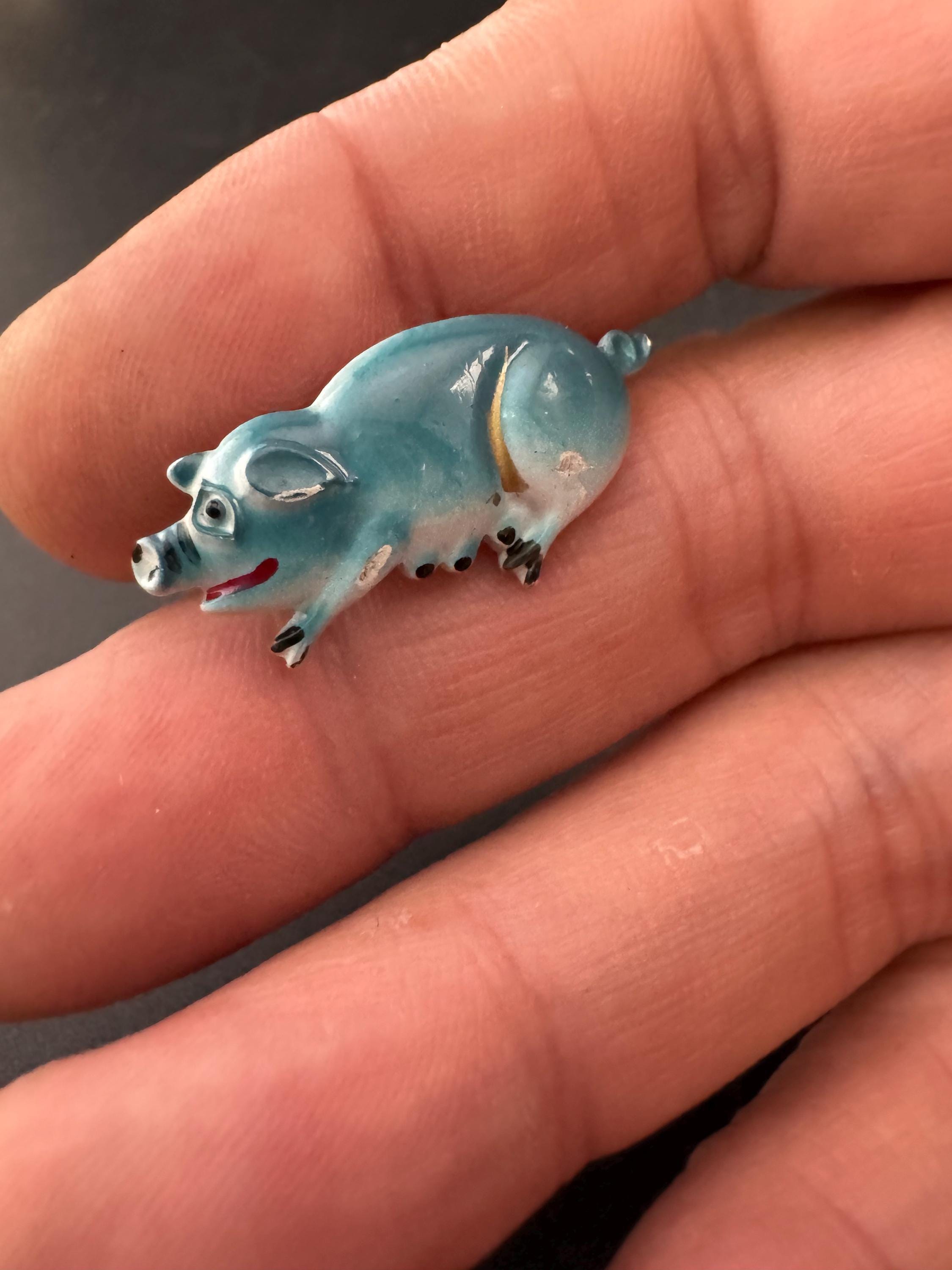 Vintage Mid-Century Blue Enamel Pig Brooch