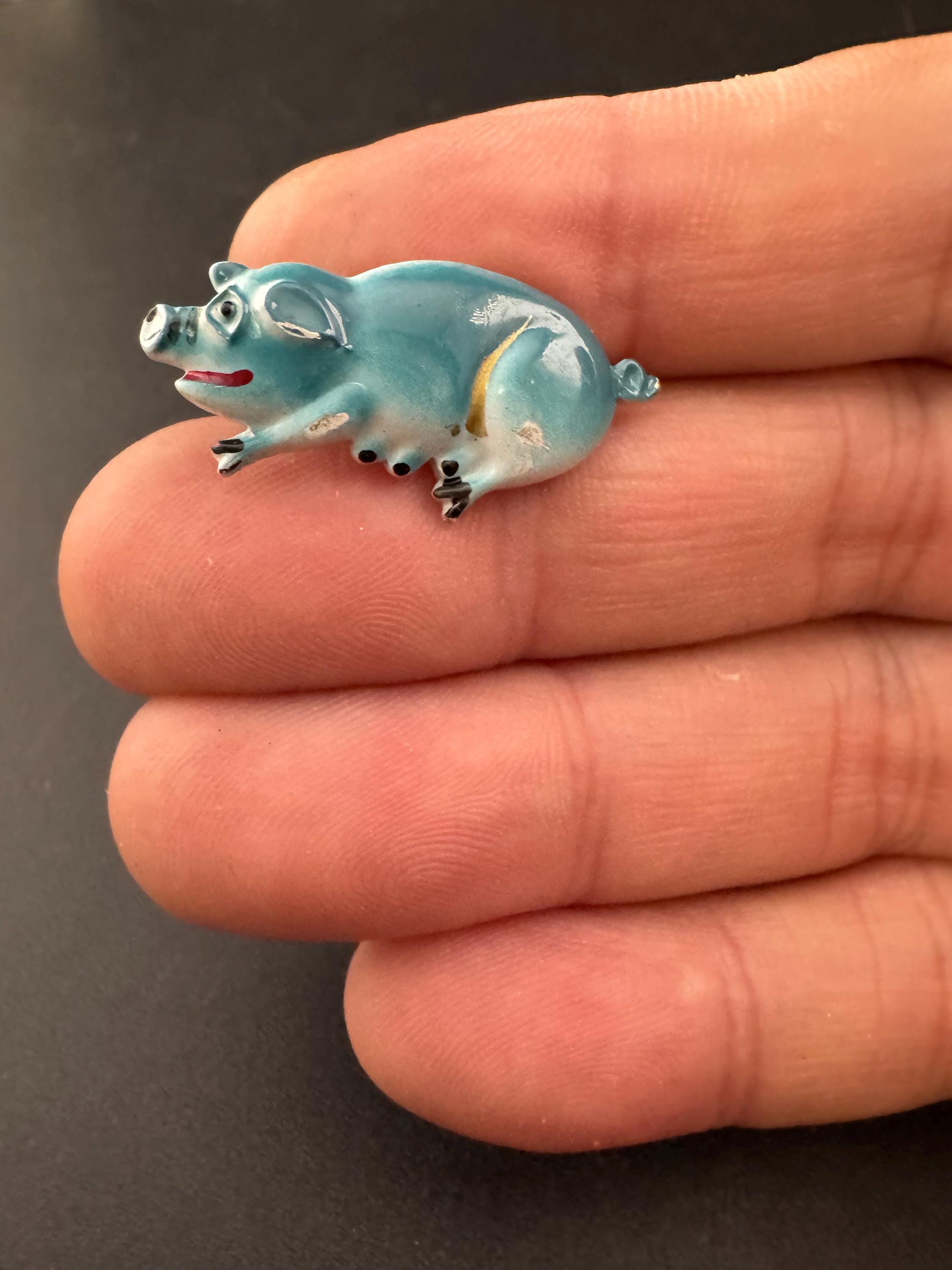 Vintage Mid-Century Blue Enamel Pig Brooch