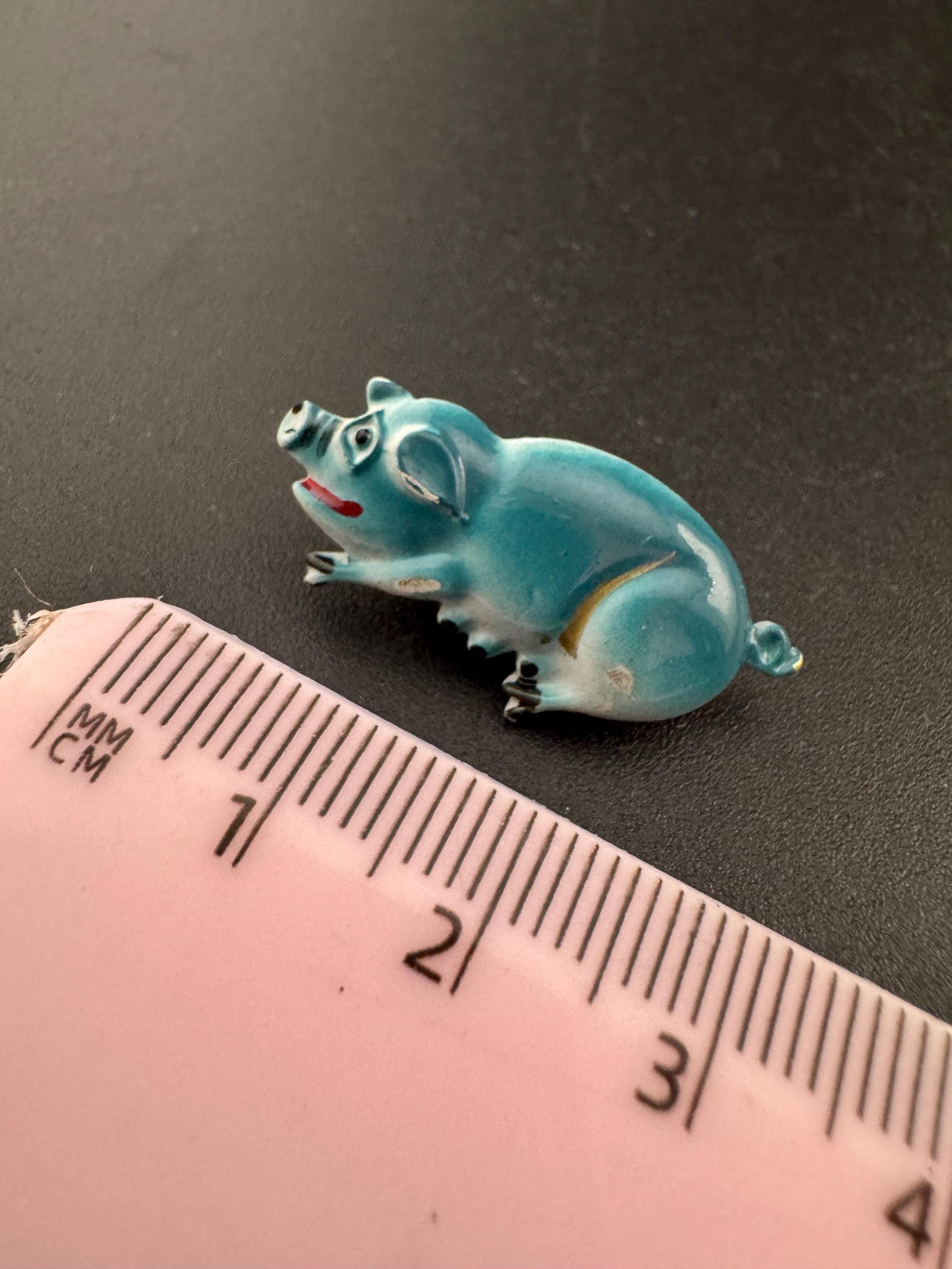 Vintage Mid-Century Blue Enamel Pig Brooch