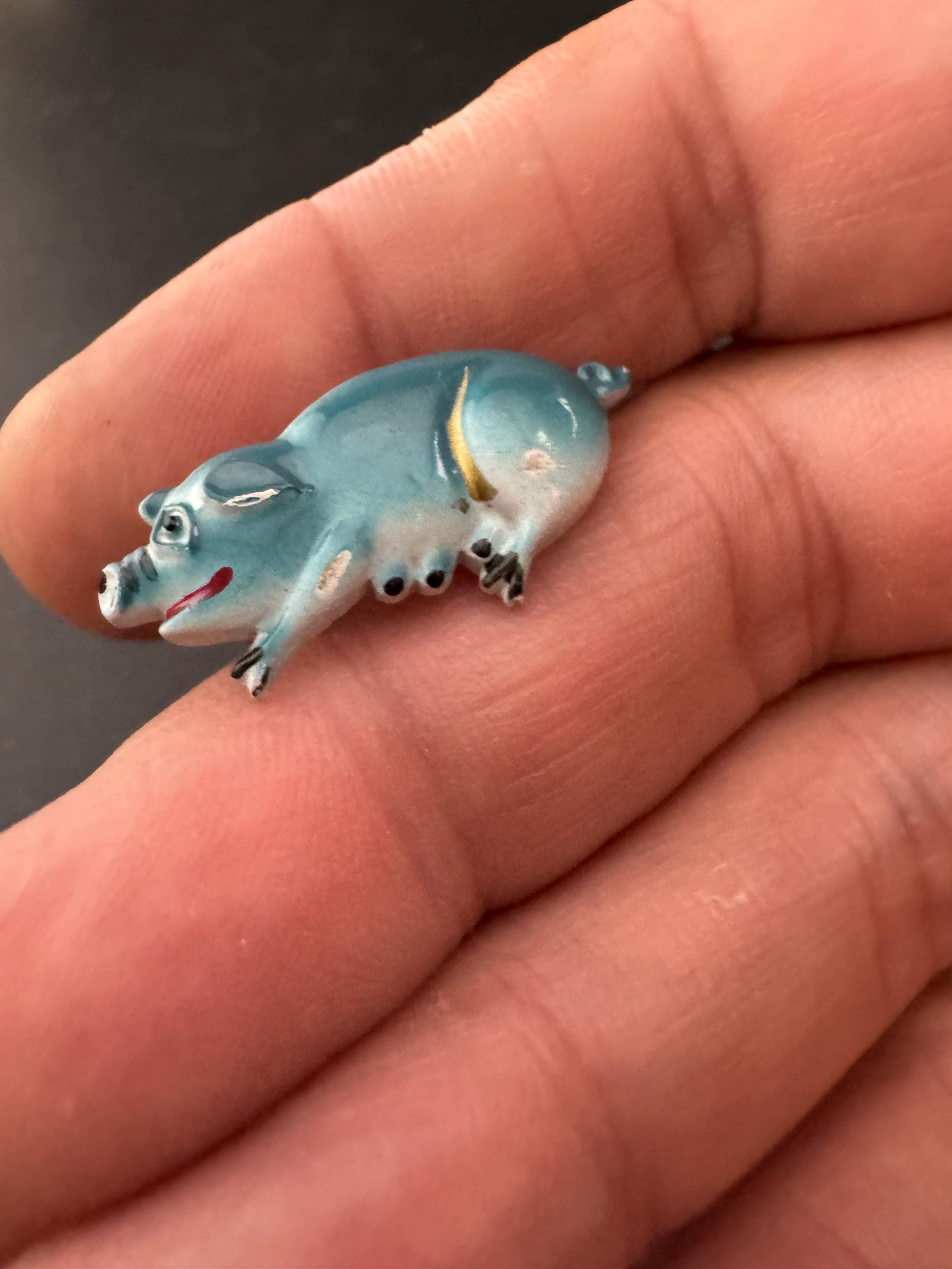 Vintage Mid-Century Blue Enamel Pig Brooch