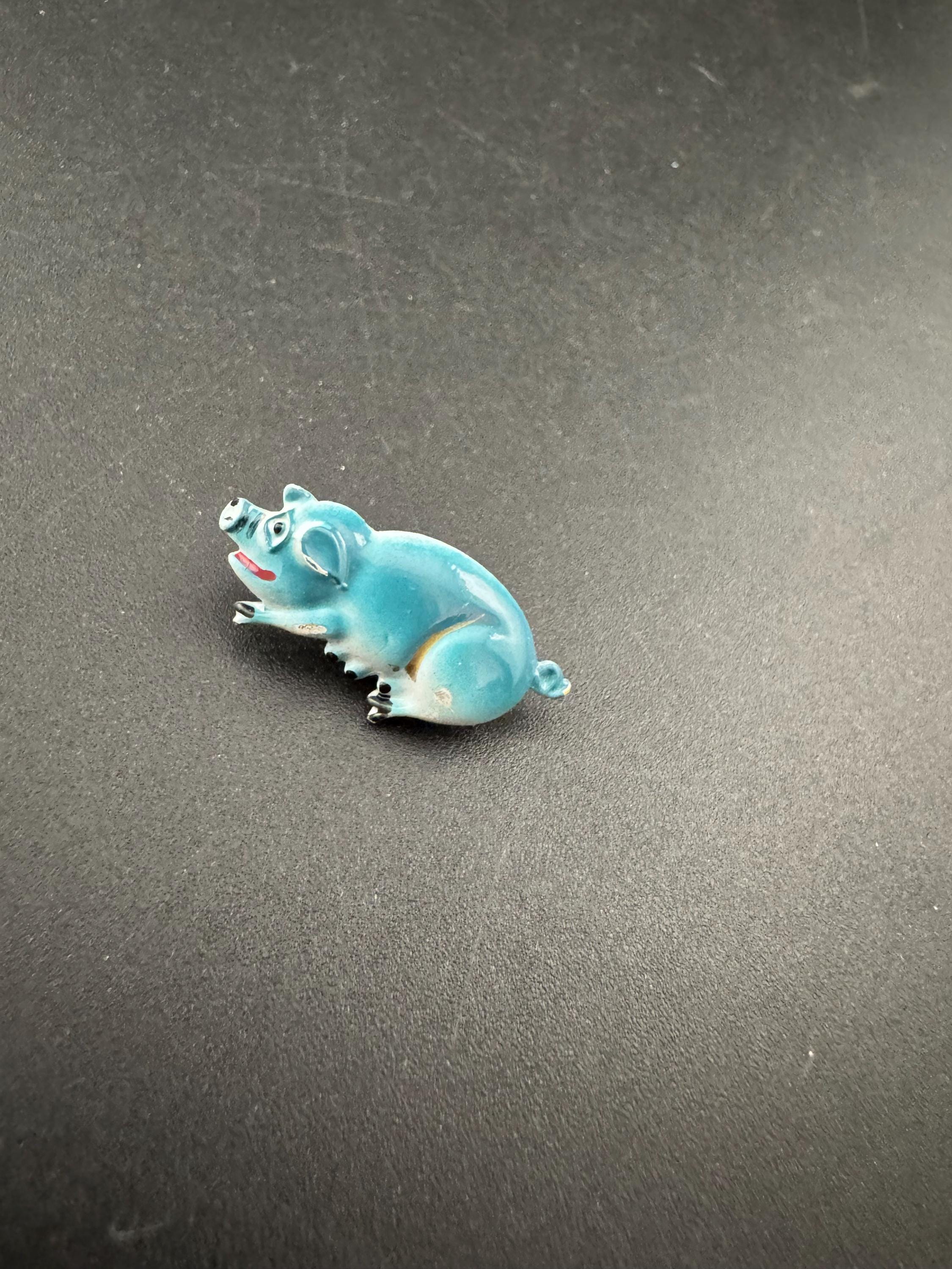 Vintage Mid-Century Blue Enamel Pig Brooch