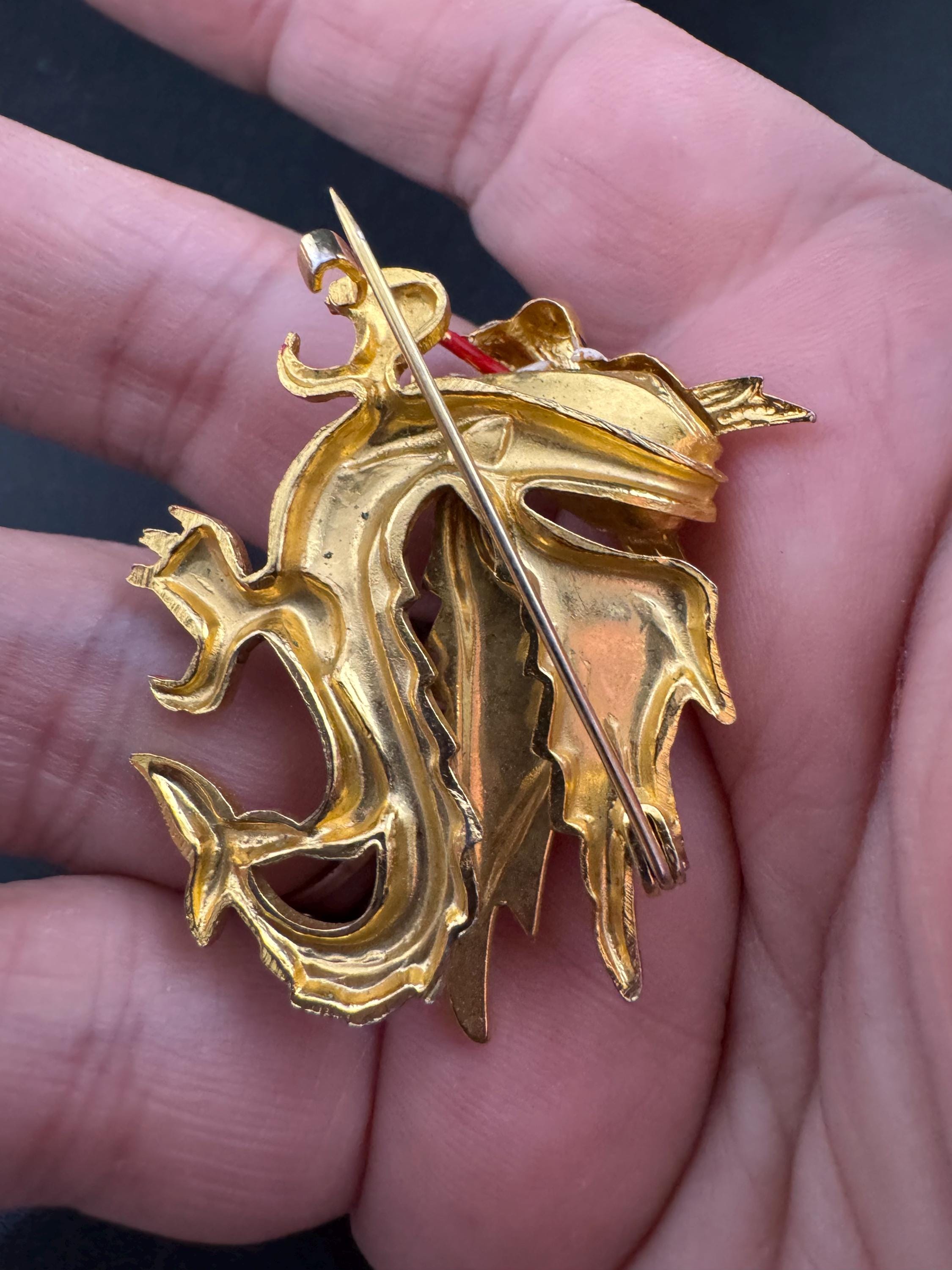 Vintage Damascene Dragon Brooch: Gold Tone Red & Black Enamel
