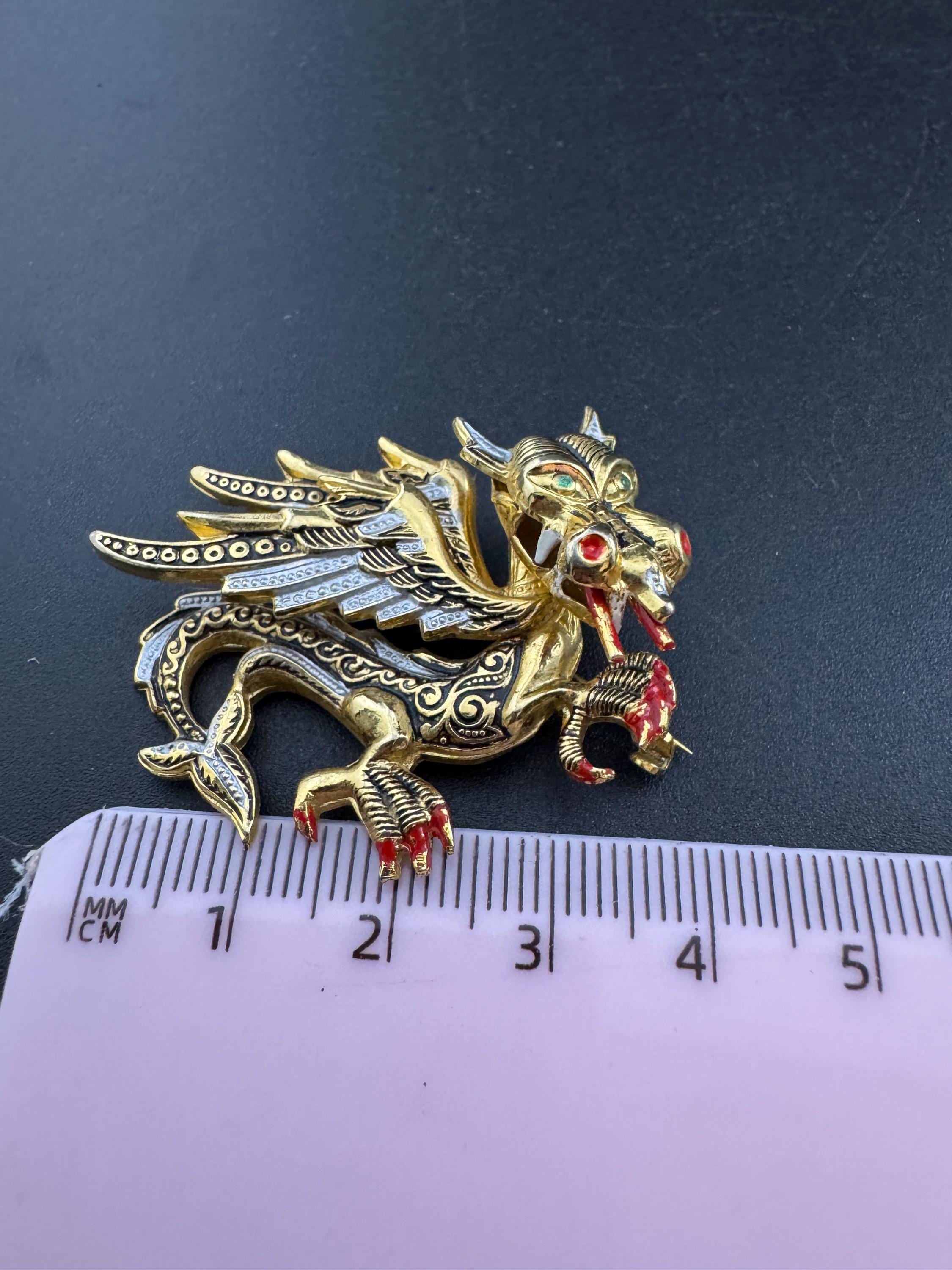 Vintage Damascene Dragon Brooch: Gold Tone Red & Black Enamel