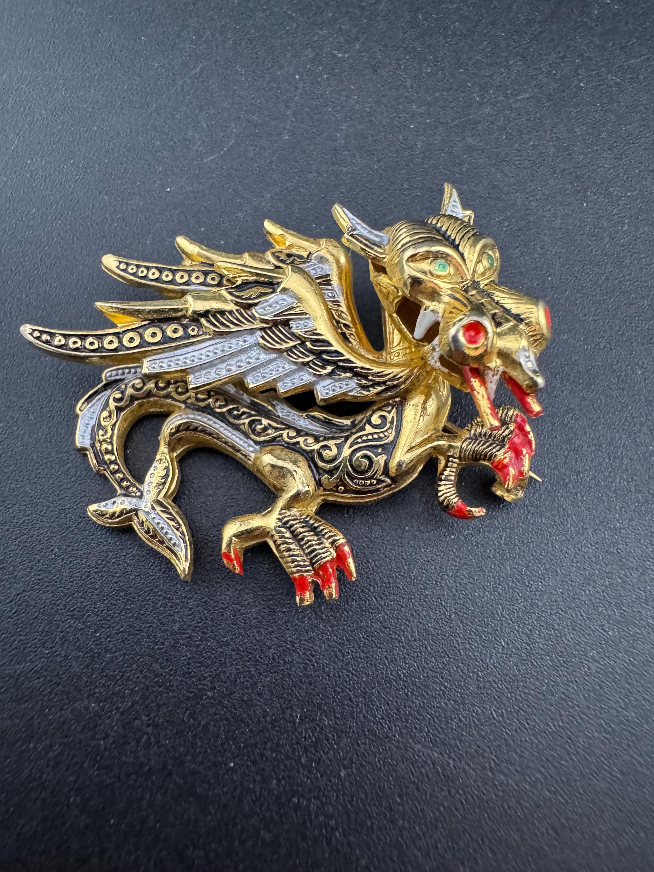 Vintage Damascene Dragon Brooch: Gold Tone Red & Black Enamel