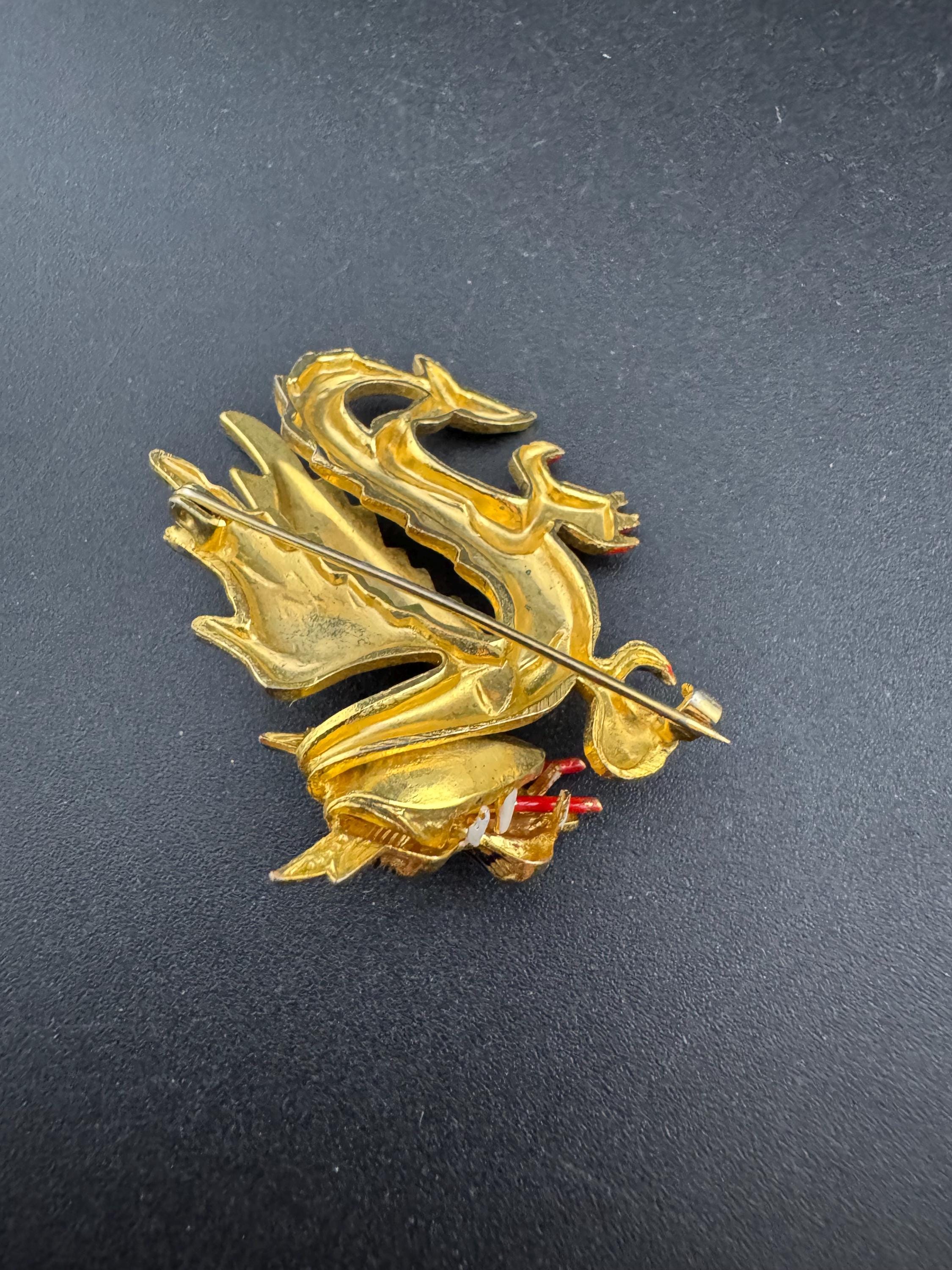 Vintage Damascene Dragon Brooch: Gold Tone Red & Black Enamel