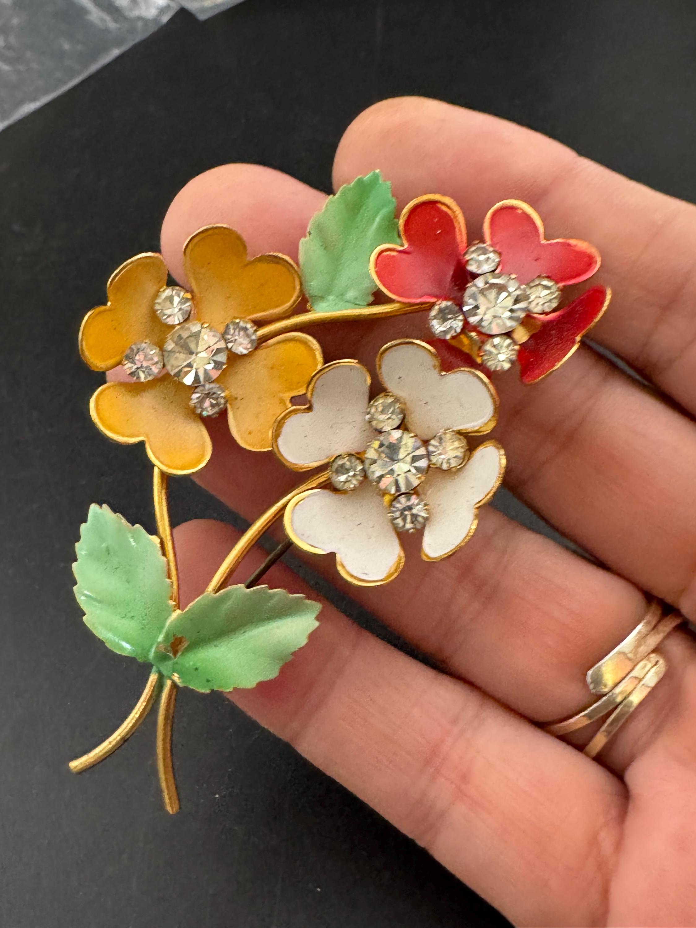 Vintage 1950s Floral Brooch: Gold Tone, Enamel Rhinestone, Oversized