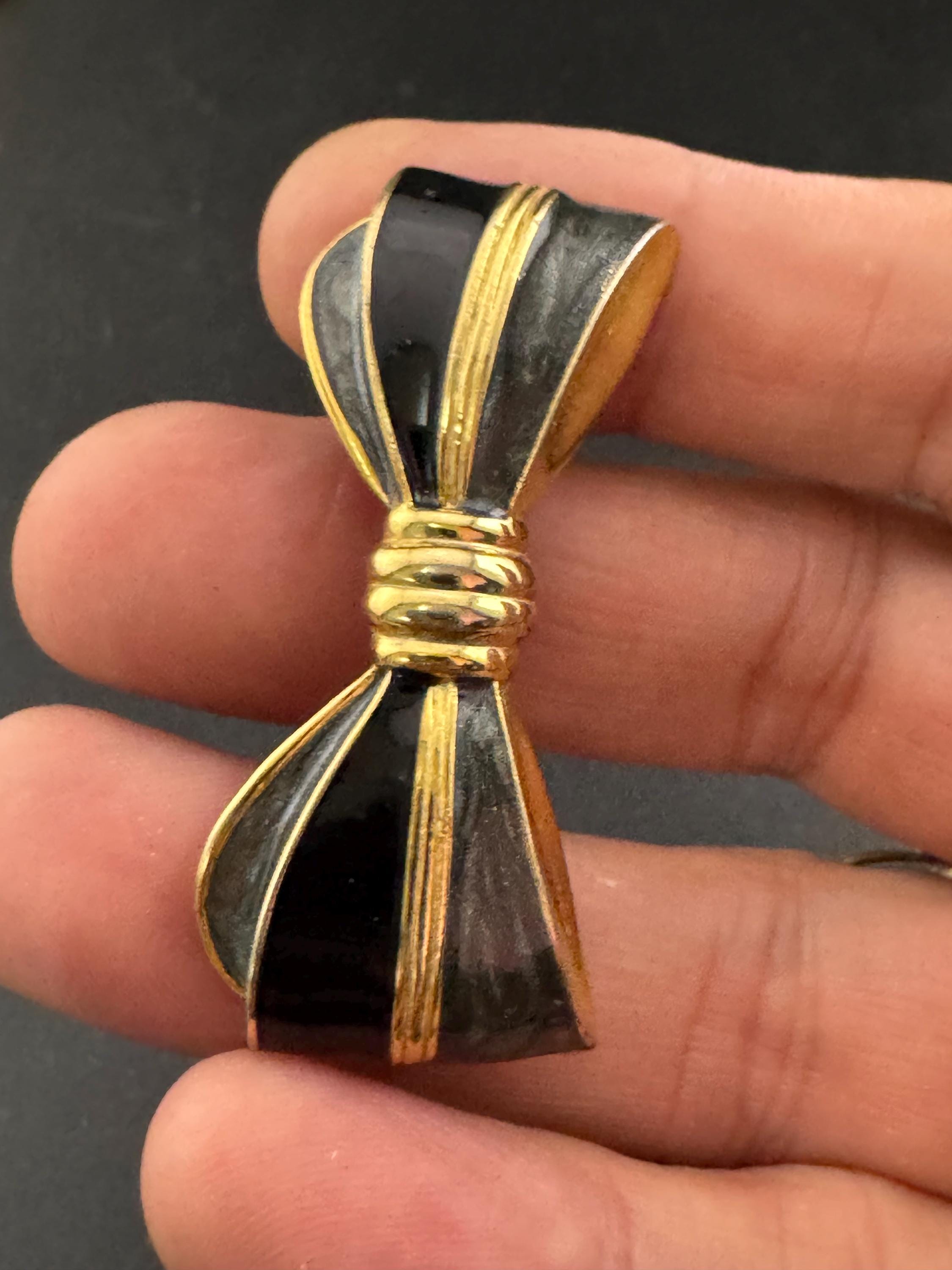 Vintage high end 5cm black and grey Enamel gold tone bow brooch