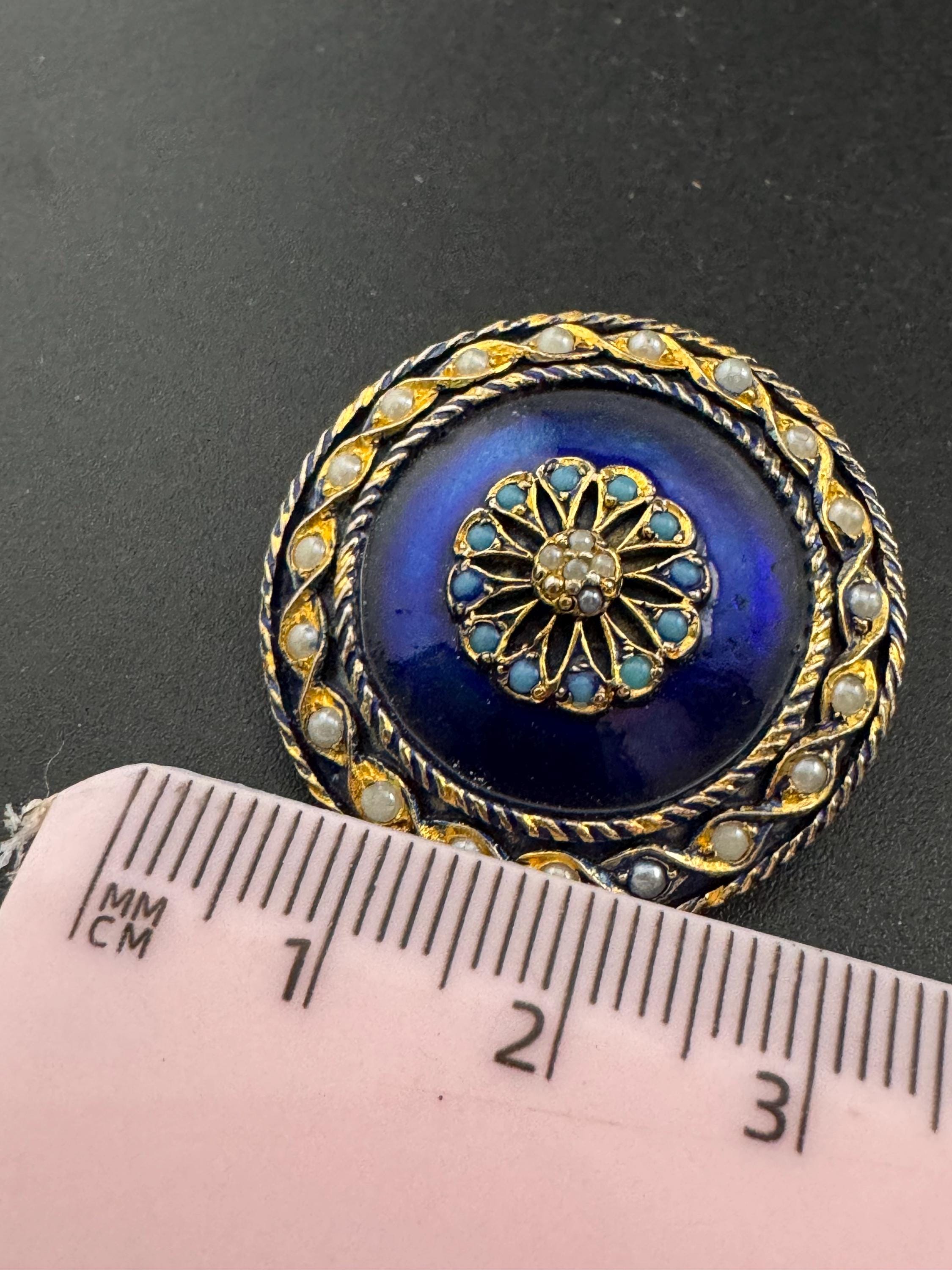 vintage gold tone blue enamel turquoise bead & seed pearl round low domed bullseye brooch