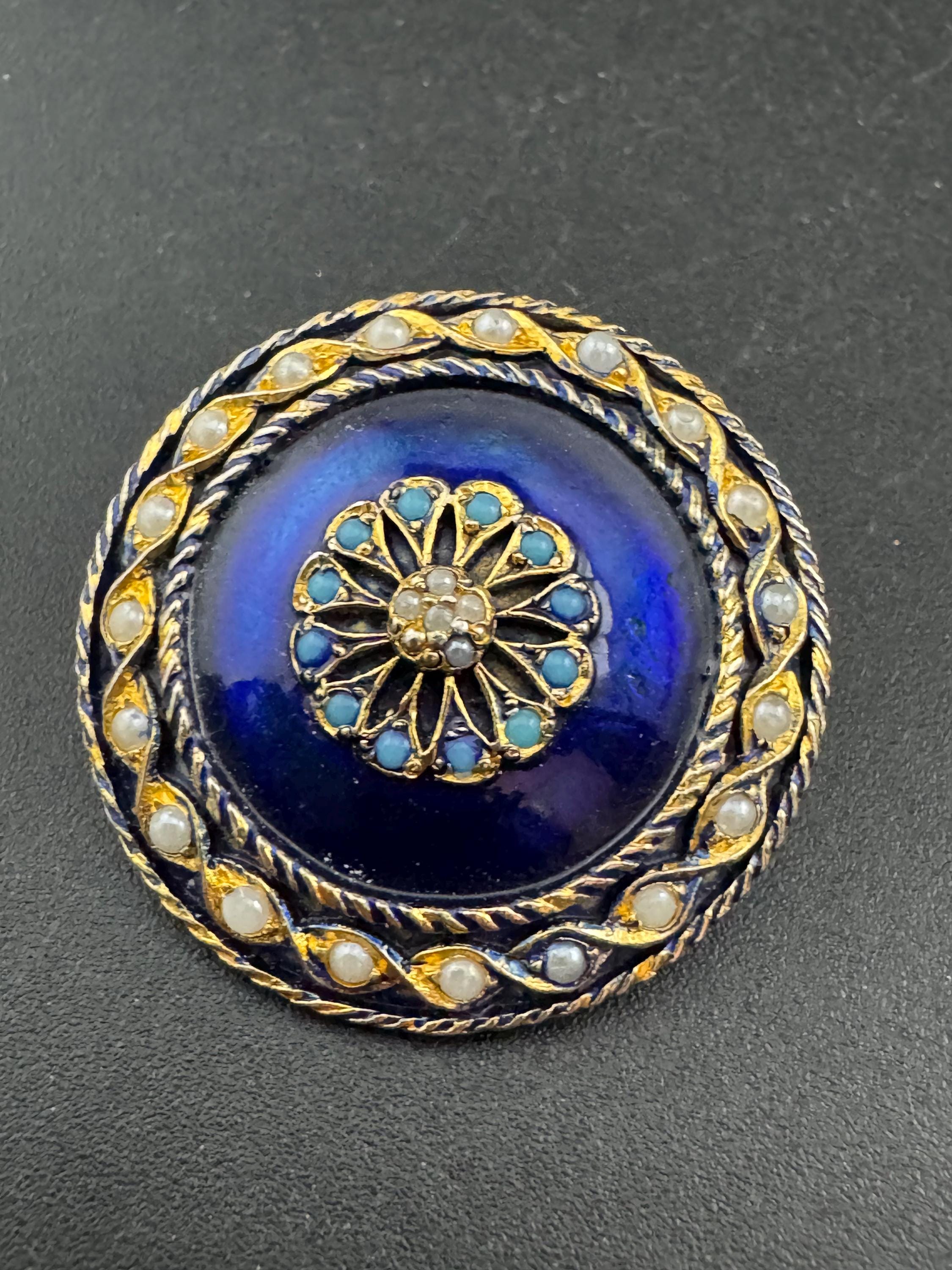 vintage gold tone blue enamel turquoise bead & seed pearl round low domed bullseye brooch