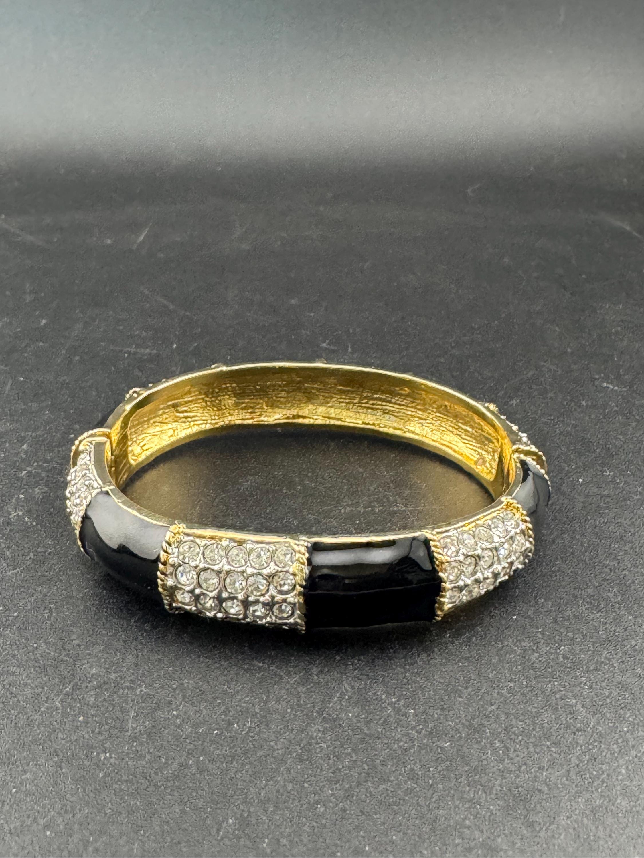 Retro black enamel clear diamanté crystals, gold tone style clamper bangle cuff bracelet