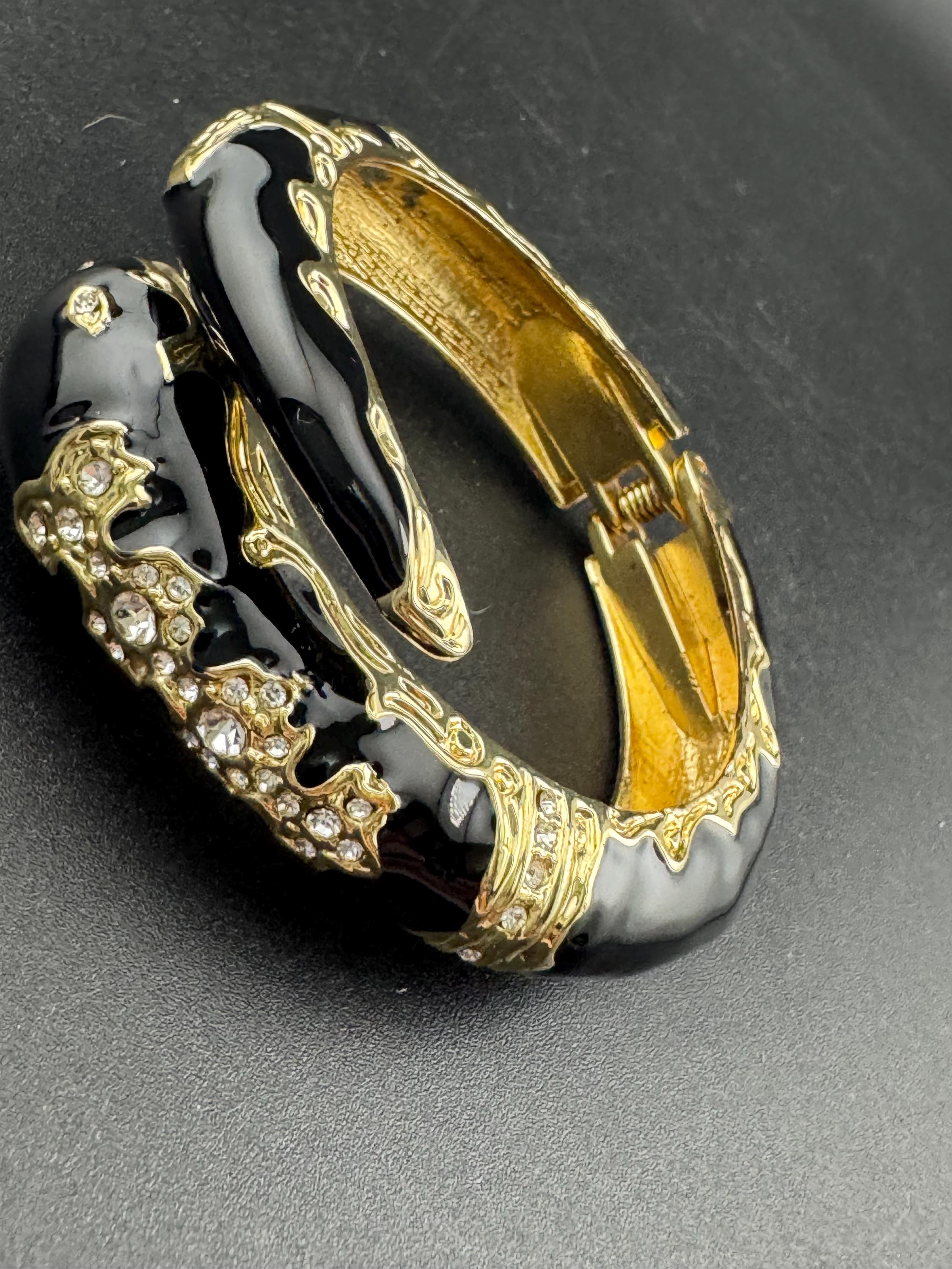 Retro Black and gold enamel diamanté crystal snake bangle clear paste eyes