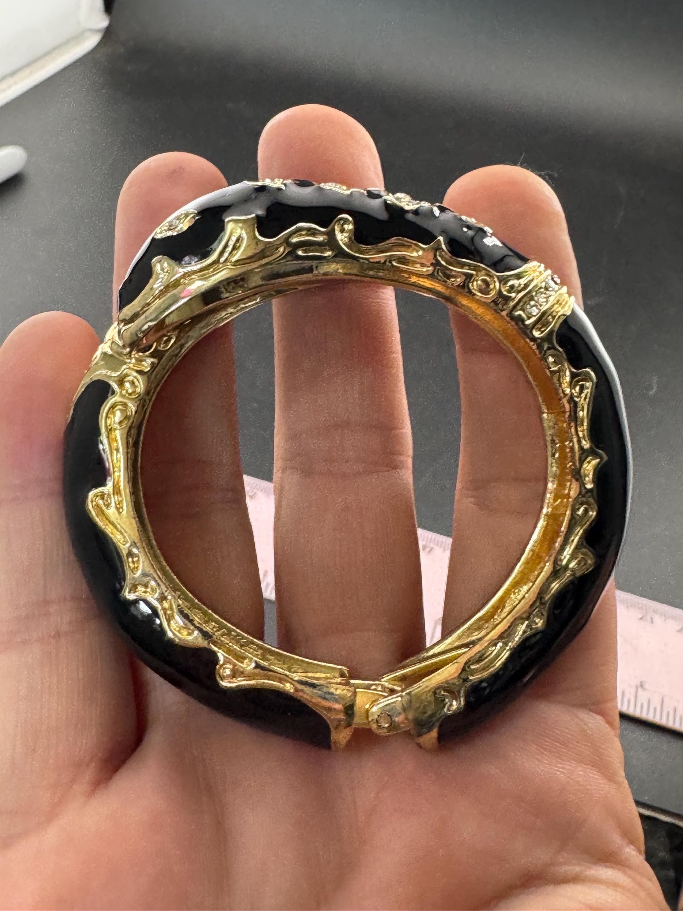 Retro Black and gold enamel diamanté crystal snake bangle clear paste eyes