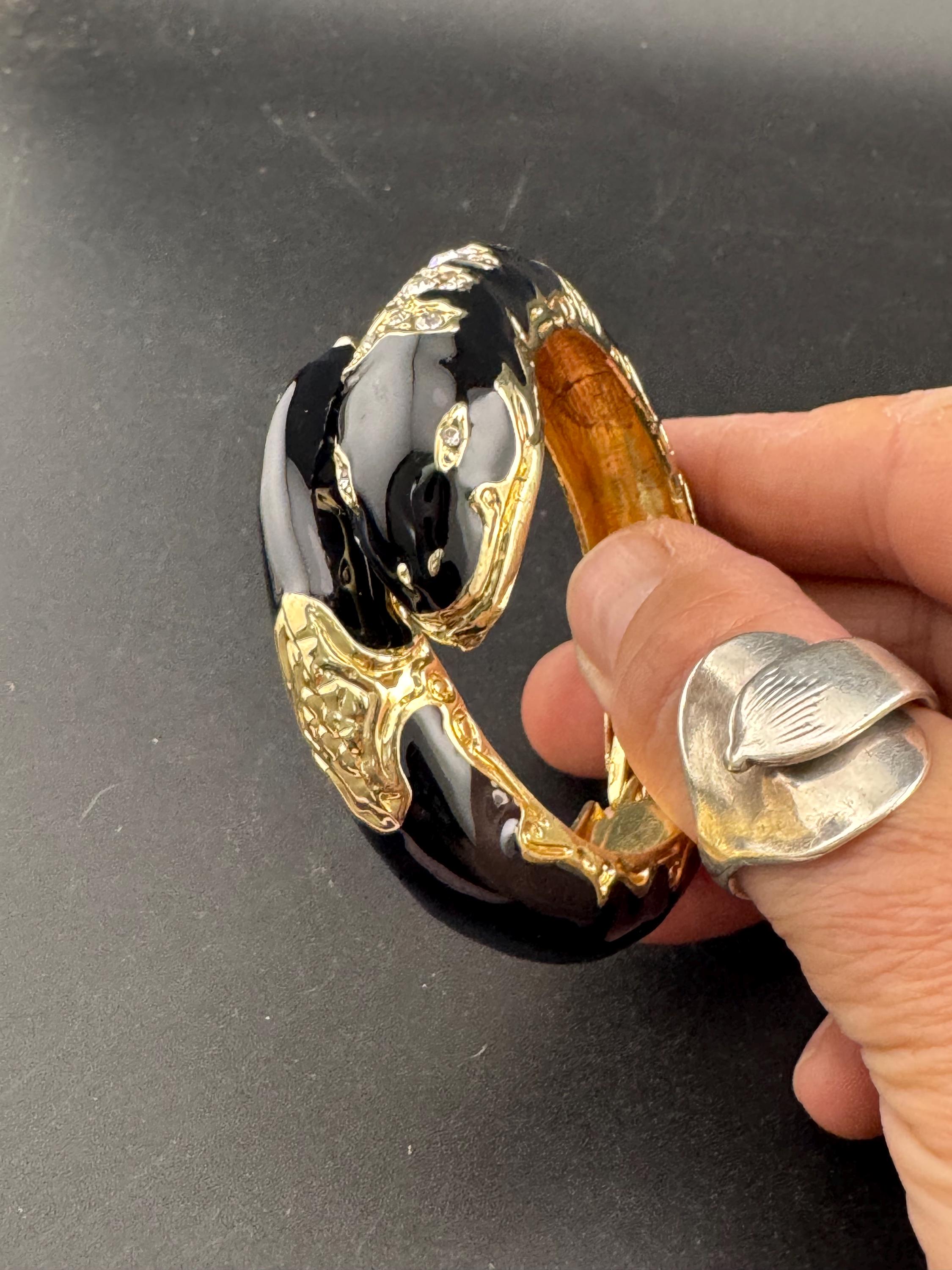 Retro Black and gold enamel diamanté crystal snake bangle clear paste eyes
