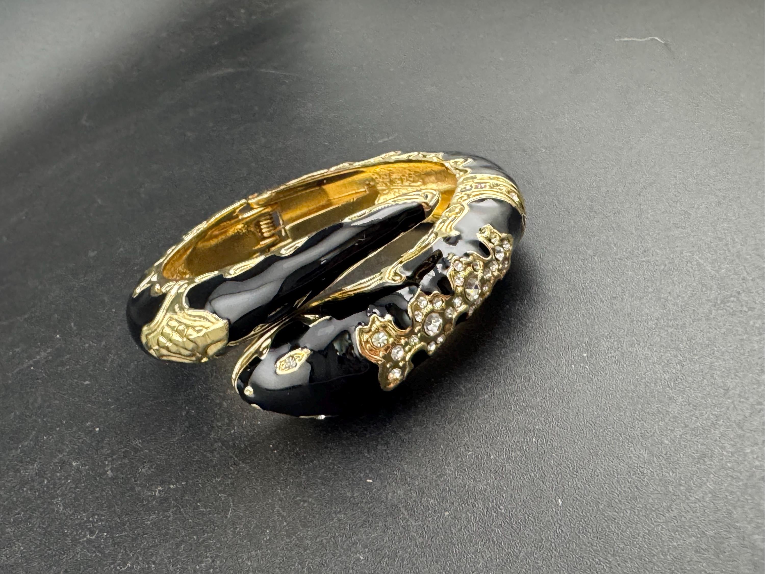 Retro Black and gold enamel diamanté crystal snake bangle clear paste eyes
