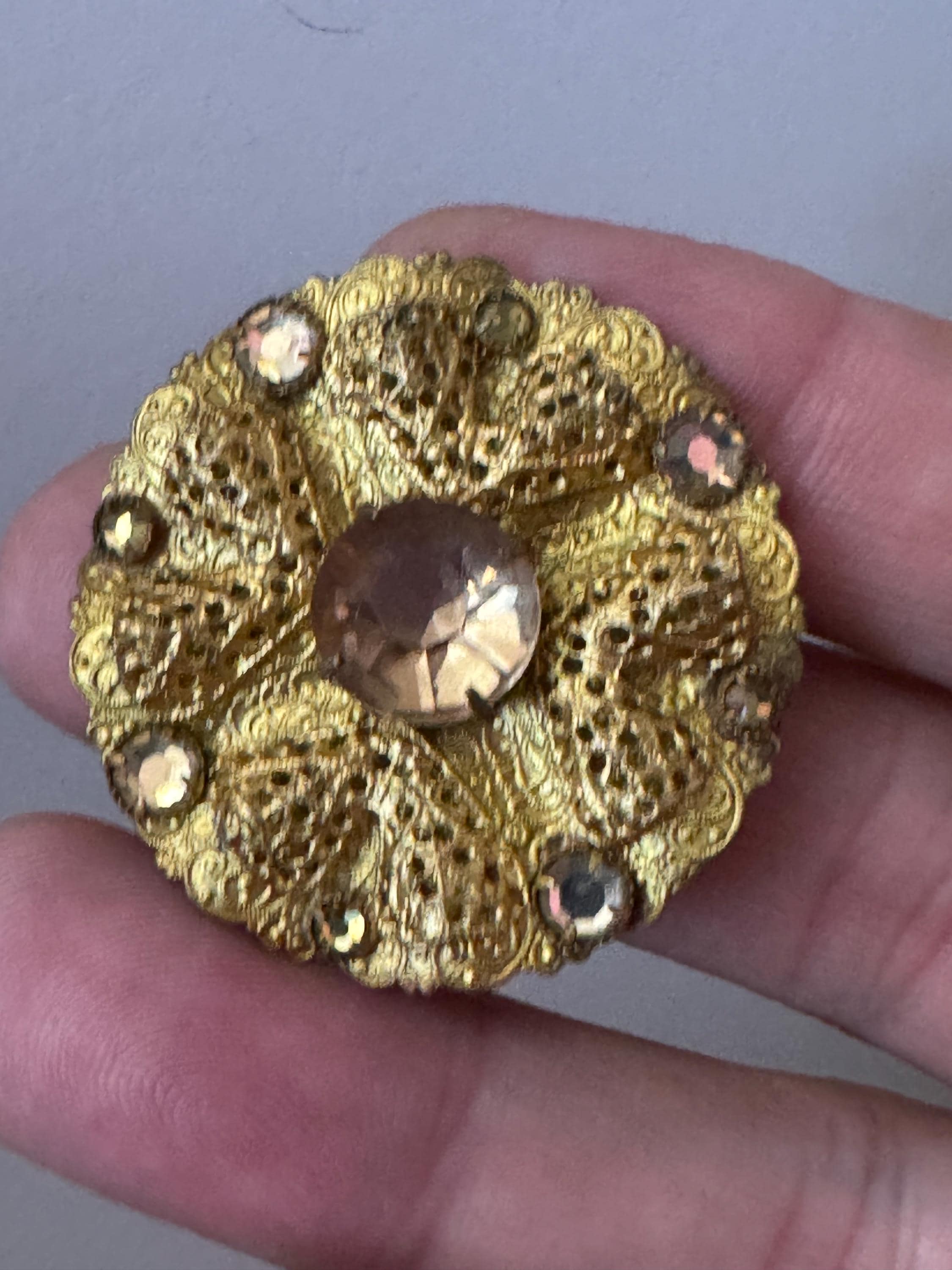 Art Deco Czech Brass Brooch: Enamel Leaf, Faux Brown Rhinestones
