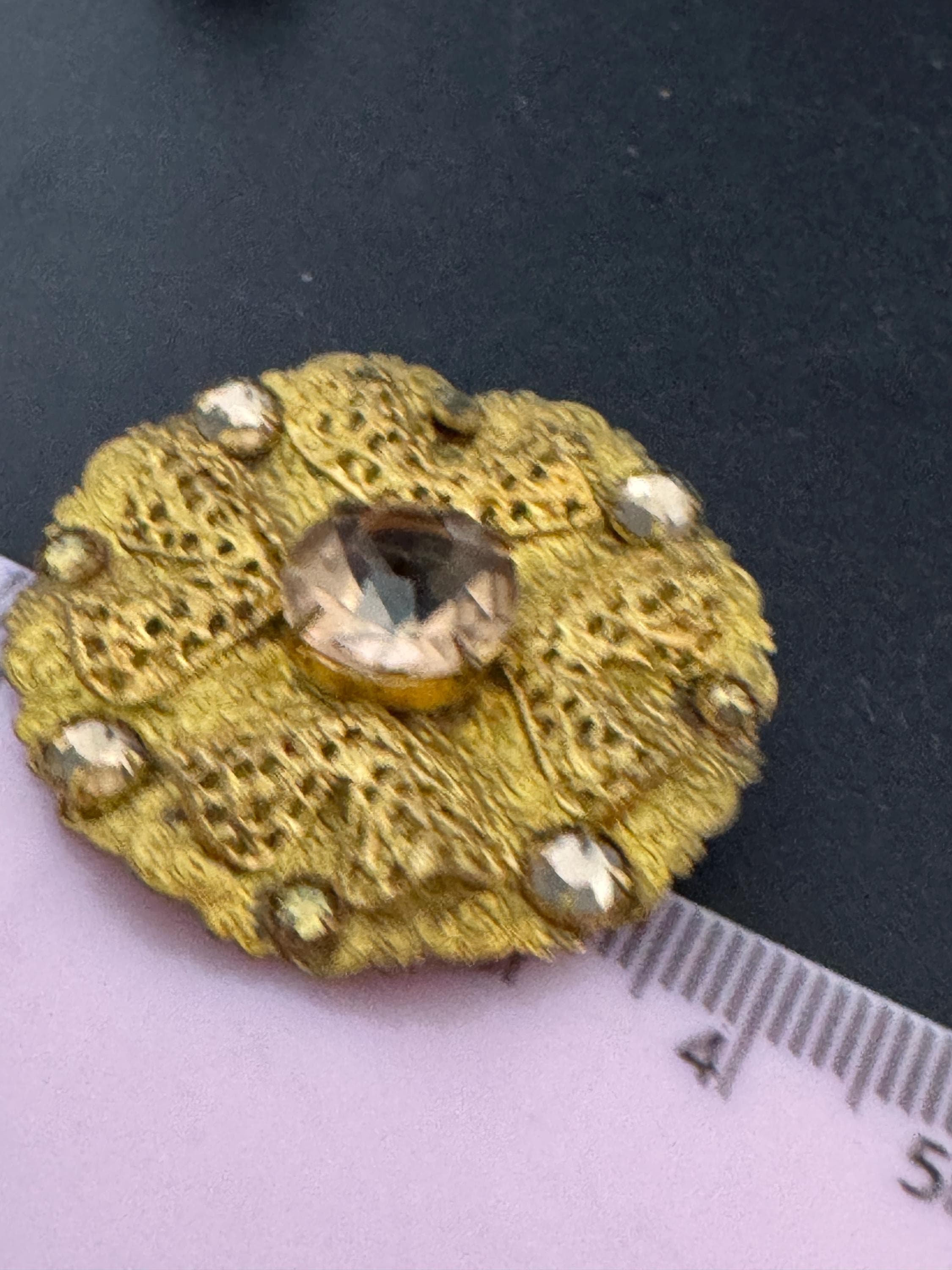 Art Deco Czech Brass Brooch: Enamel Leaf, Faux Brown Rhinestones