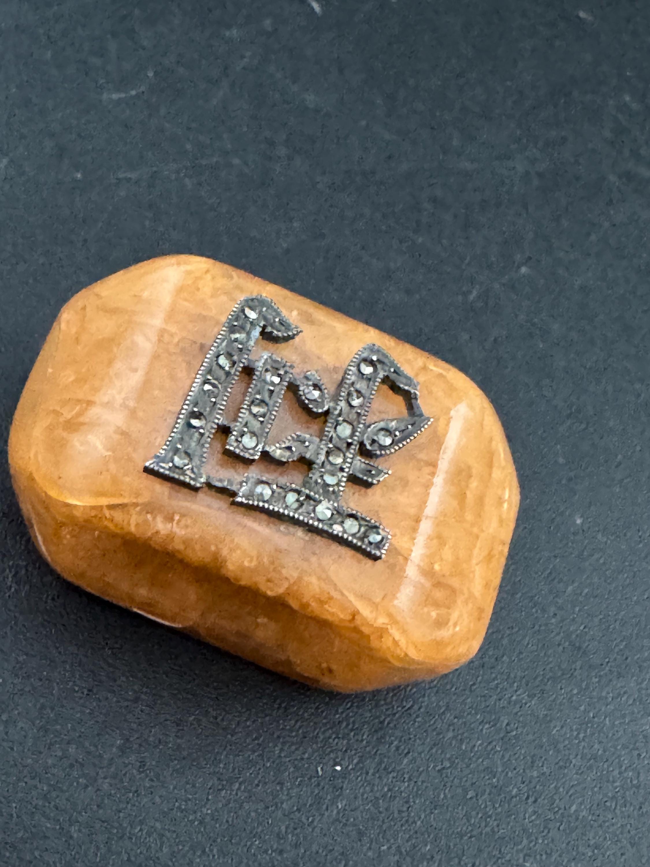 Art Deco Celluloid Scarf Ring: Faux Tortoiseshell Marcasite Monogram