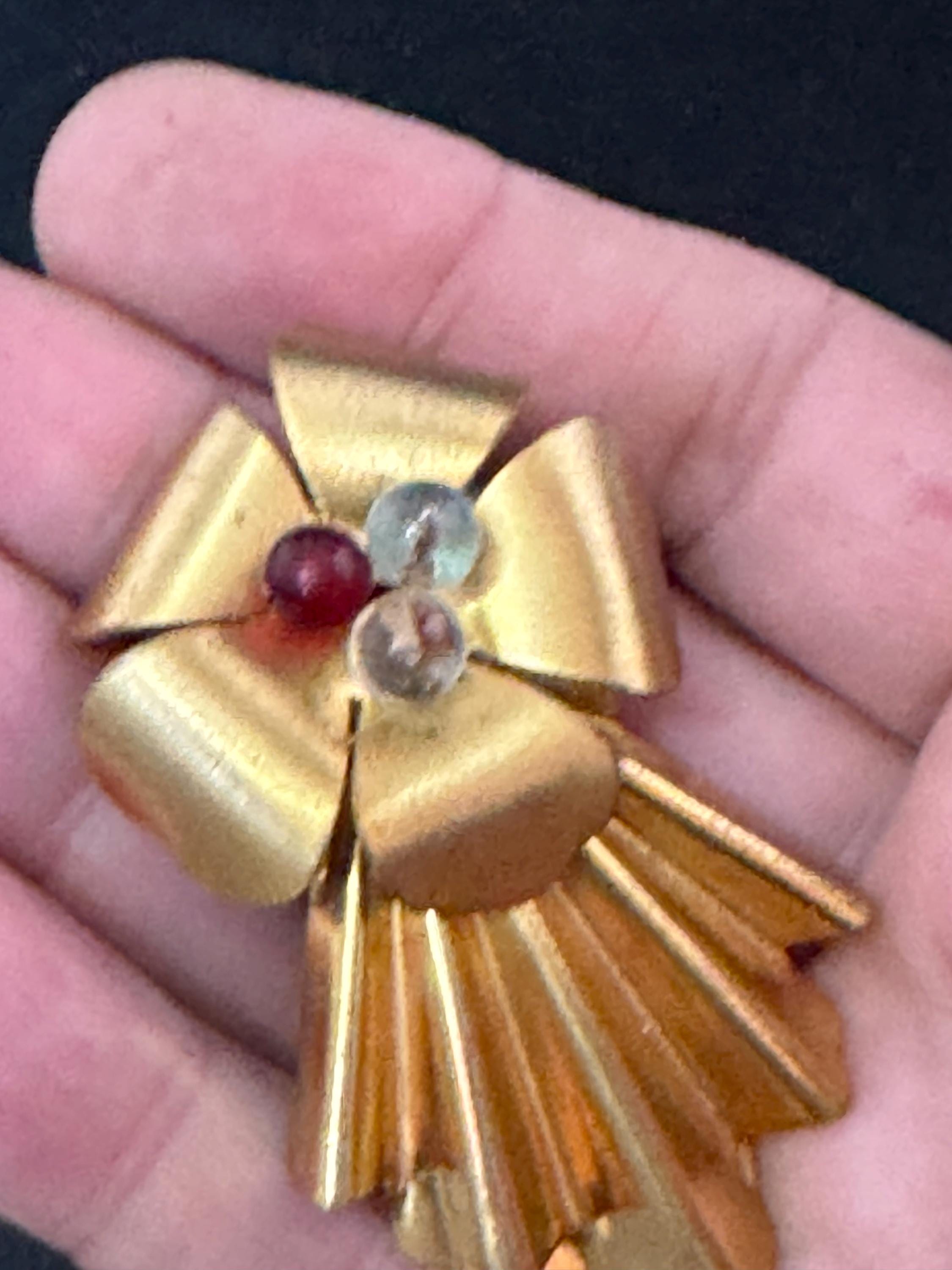 Antique large Art Deco brass fur Pin Clip Early 1930s 1940s with 3 cabochons