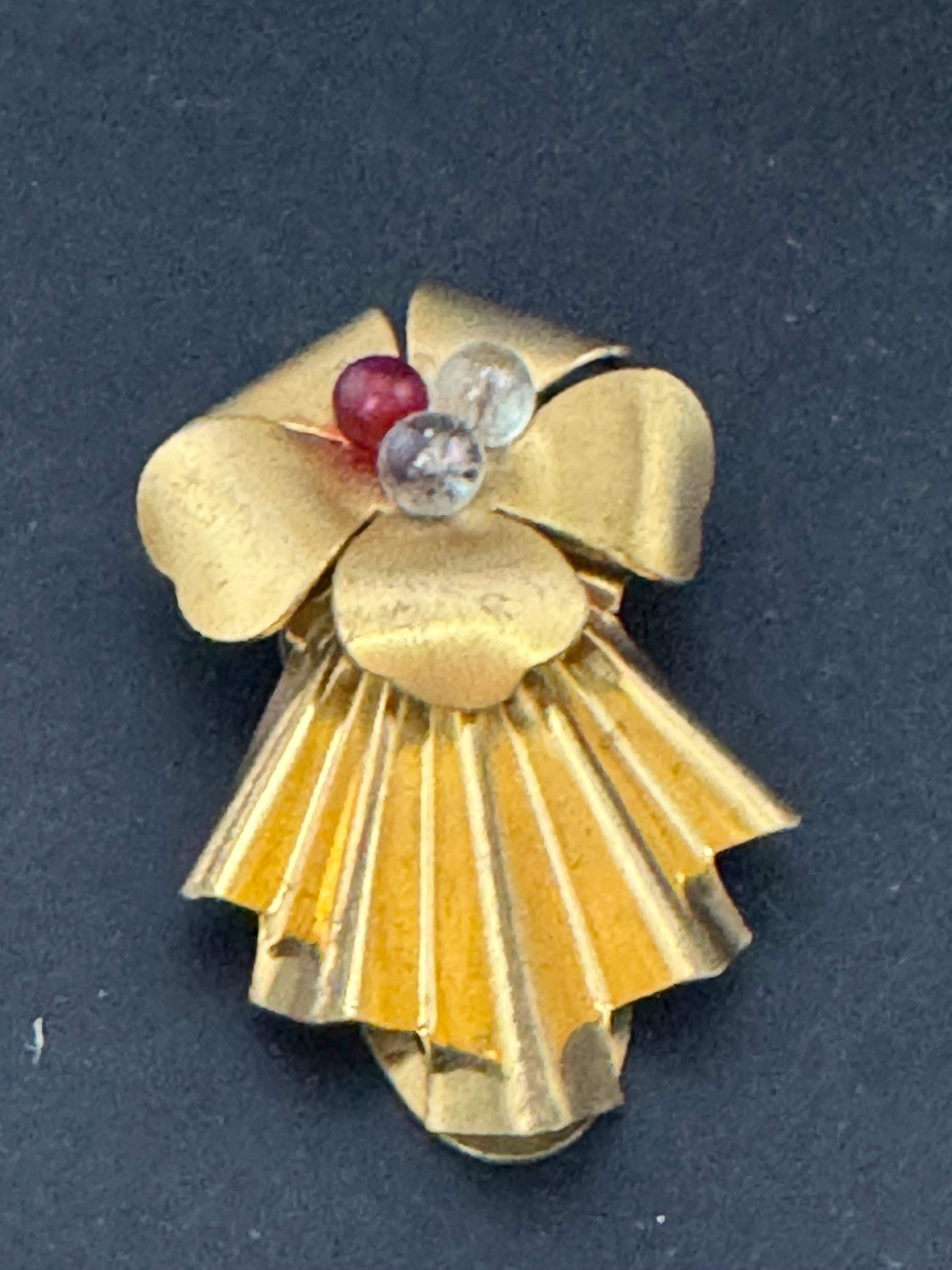 Antique large Art Deco brass fur Pin Clip Early 1930s 1940s with 3 cabochons