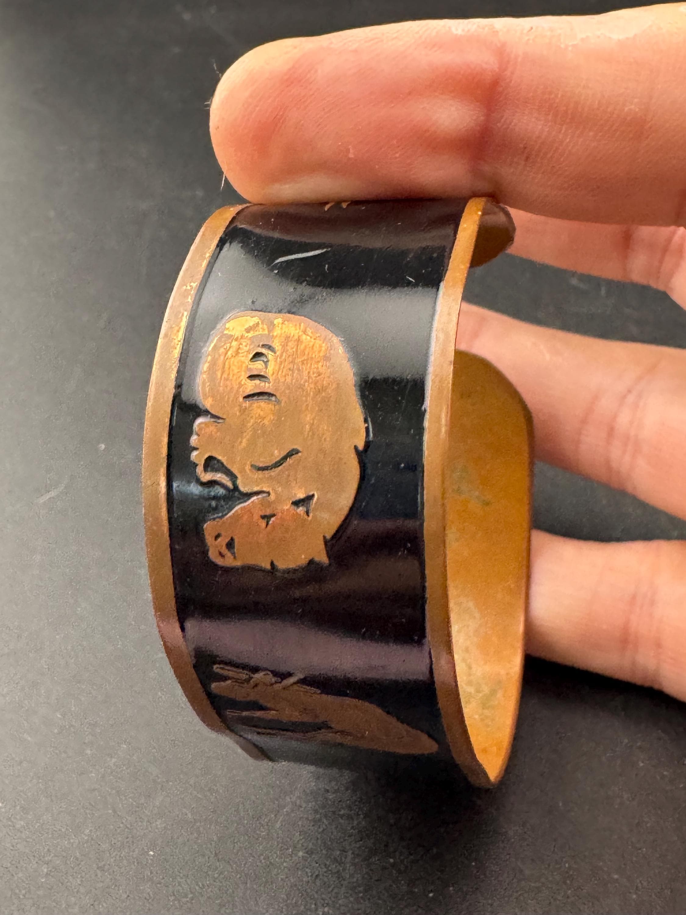 Vintage safari wildlife black enamel copper wide open cuff bangle bracelet, elephants leopard gazelle