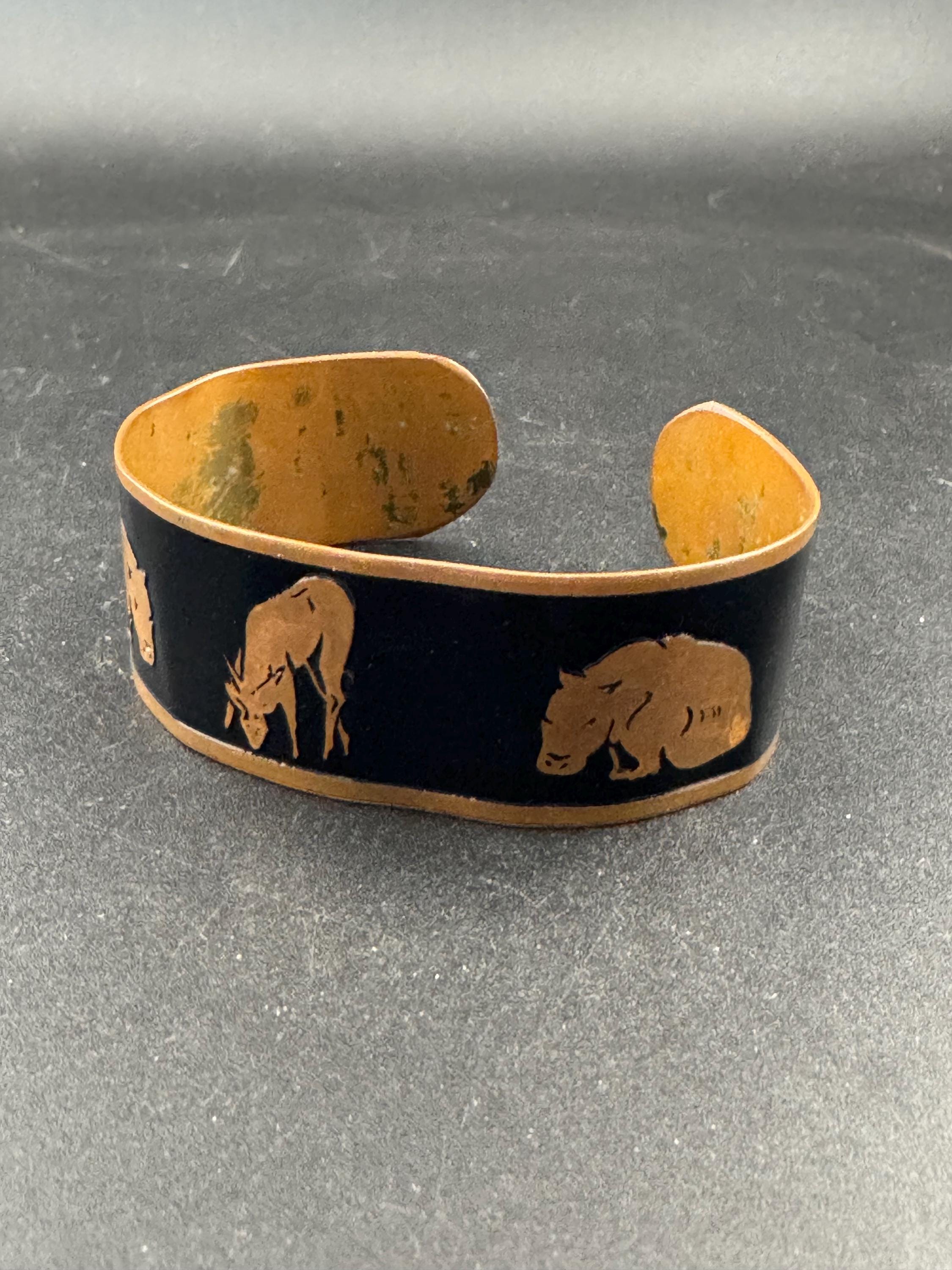Vintage safari wildlife black enamel copper wide open cuff bangle bracelet, elephants leopard gazelle
