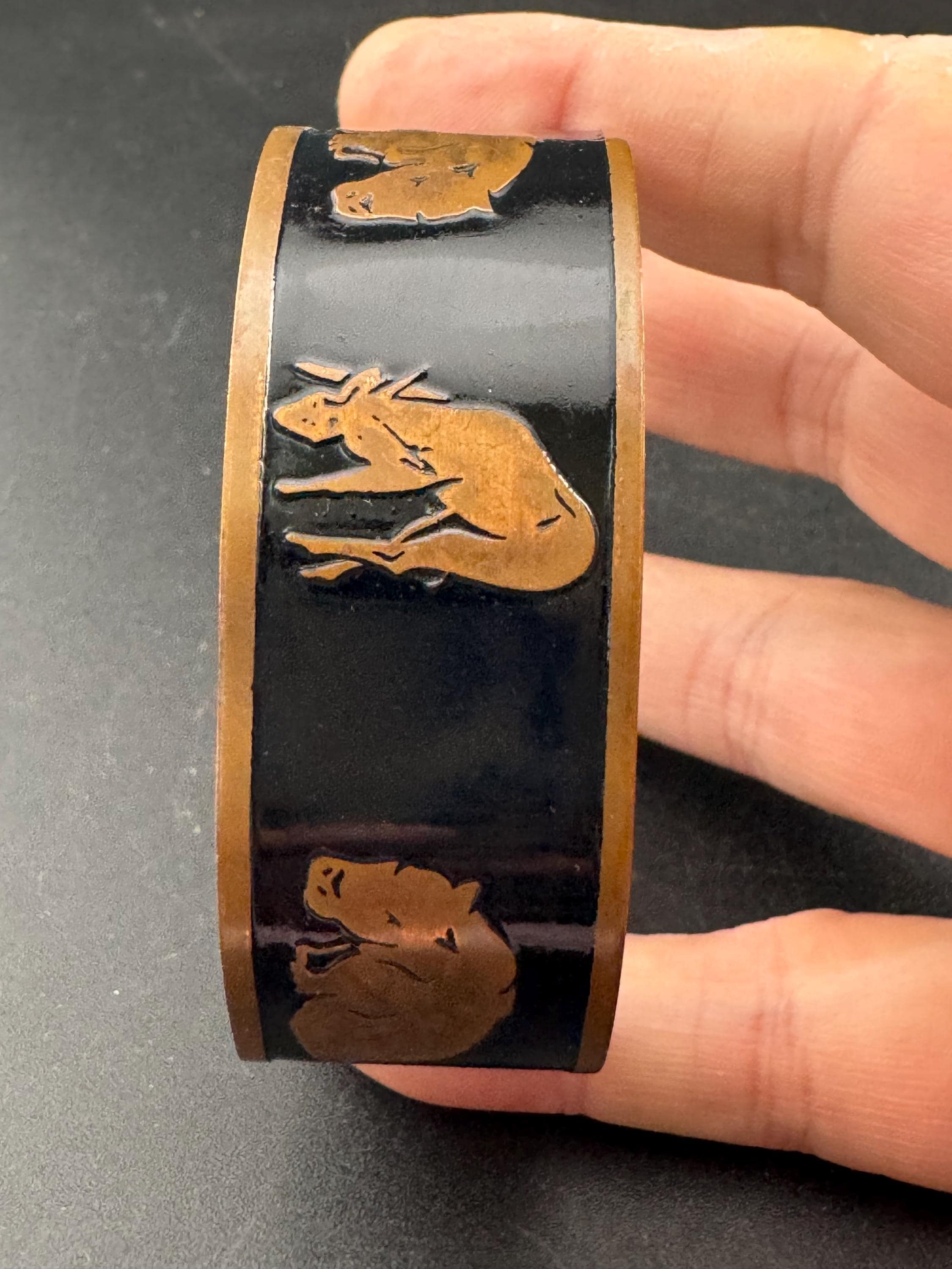 Vintage safari wildlife black enamel copper wide open cuff bangle bracelet, elephants leopard gazelle