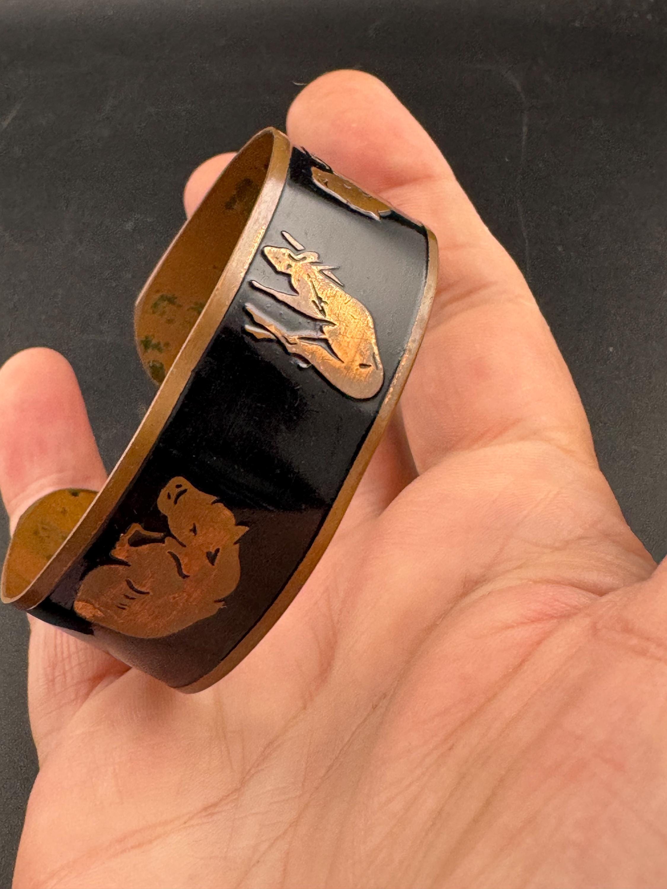 Vintage safari wildlife black enamel copper wide open cuff bangle bracelet, elephants leopard gazelle