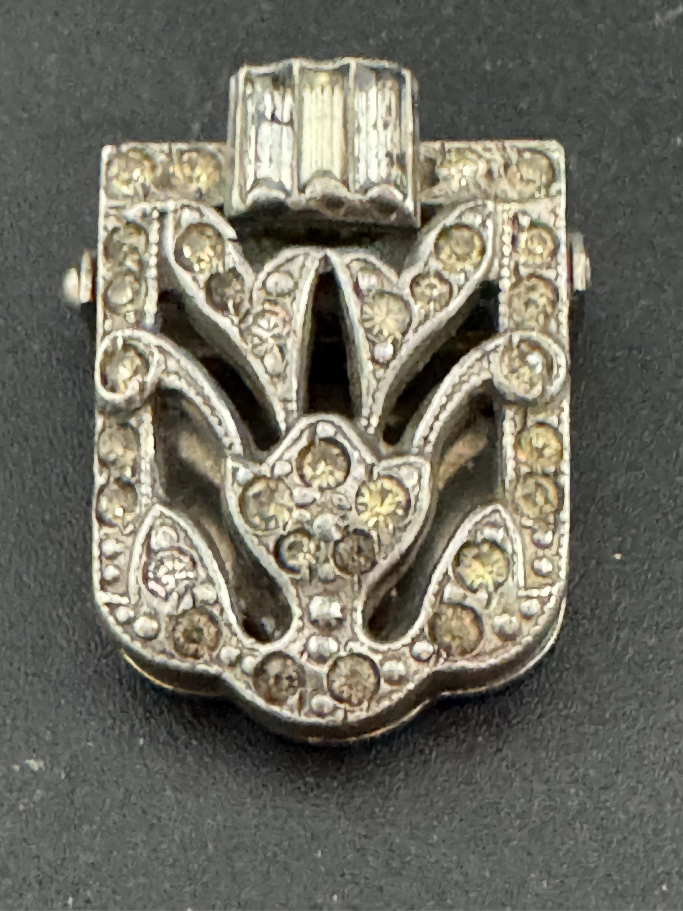 Art Deco Rhinestone Dress Clip: Antique Paste Glass, Chrome, Silver Tone