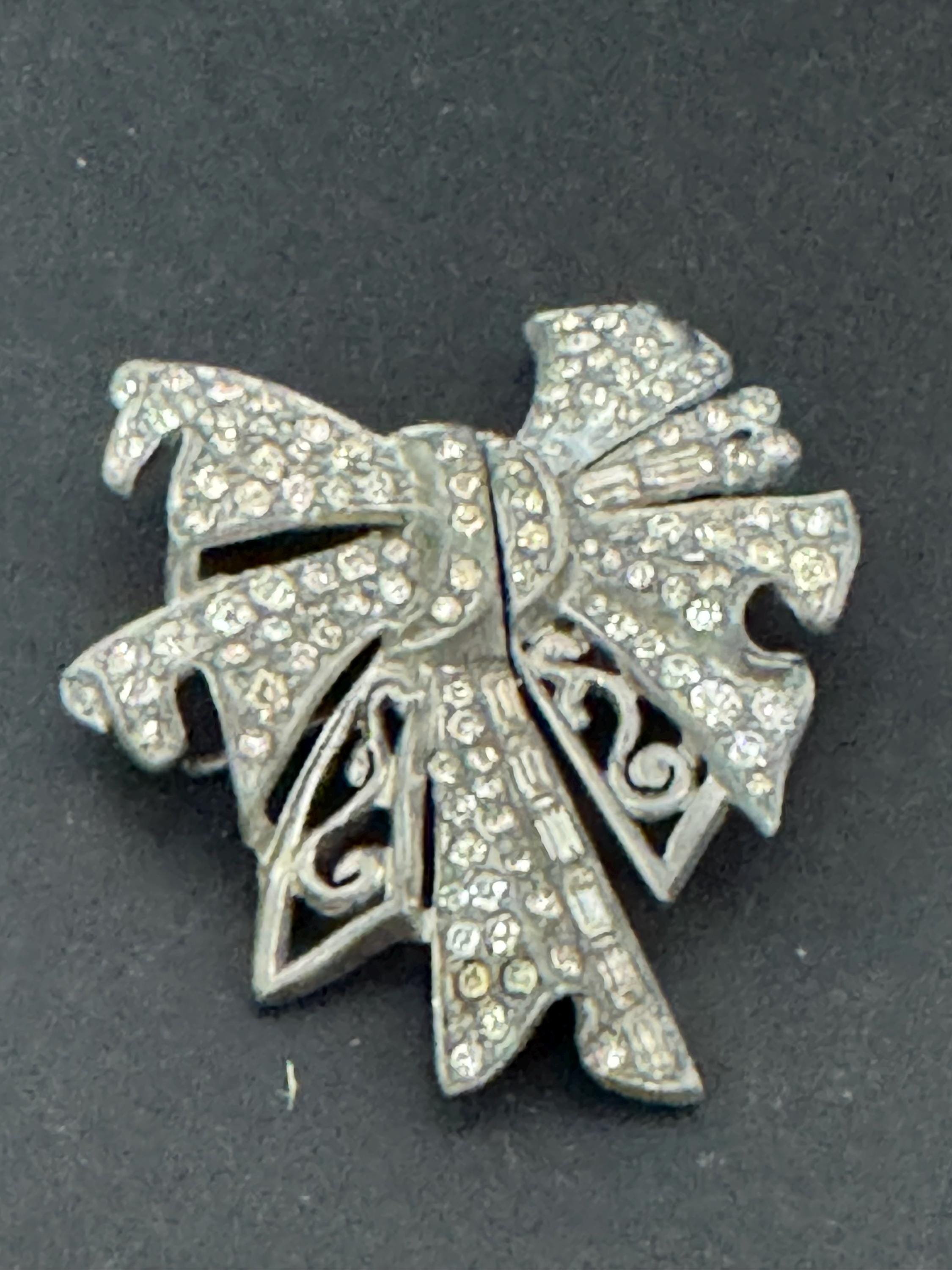French Duette pair of Dress fur Clips Combination Brooch Marcasite Silver chrome metal Art Deco