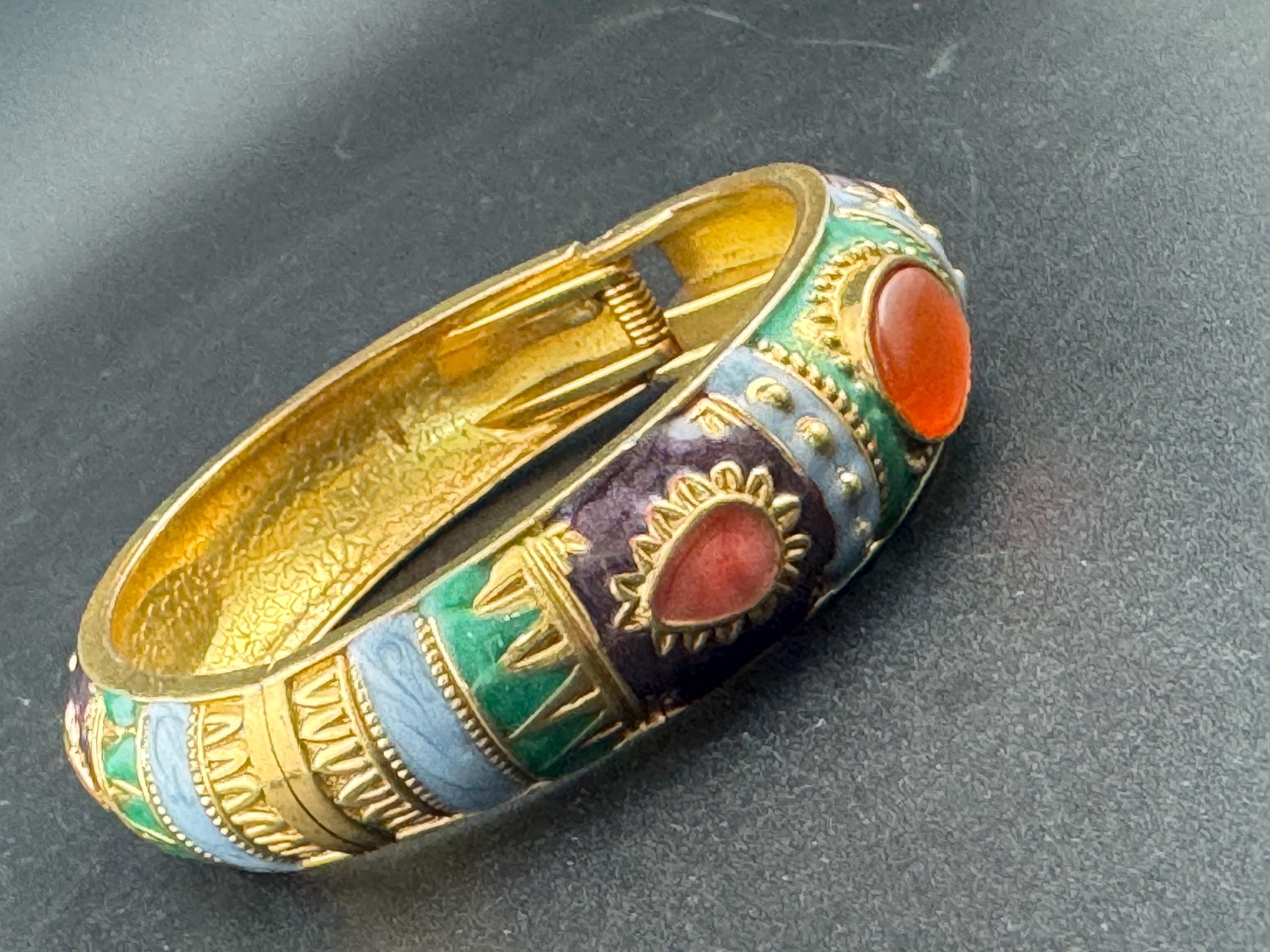 Retro Green blue purple enamel gold tone curved clamper bangle cuff bracelet with orange cabochons