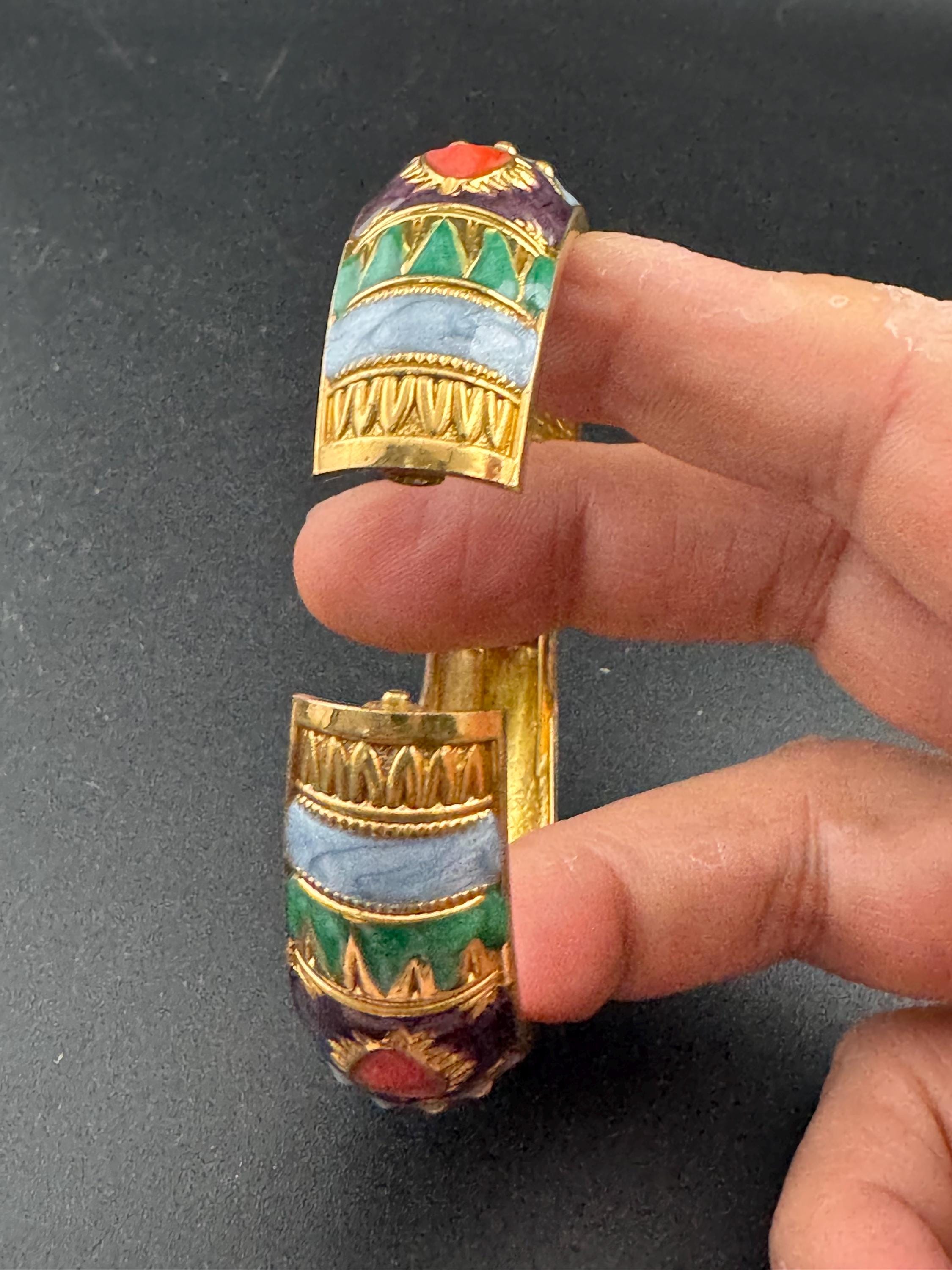 Retro Green blue purple enamel gold tone curved clamper bangle cuff bracelet with orange cabochons