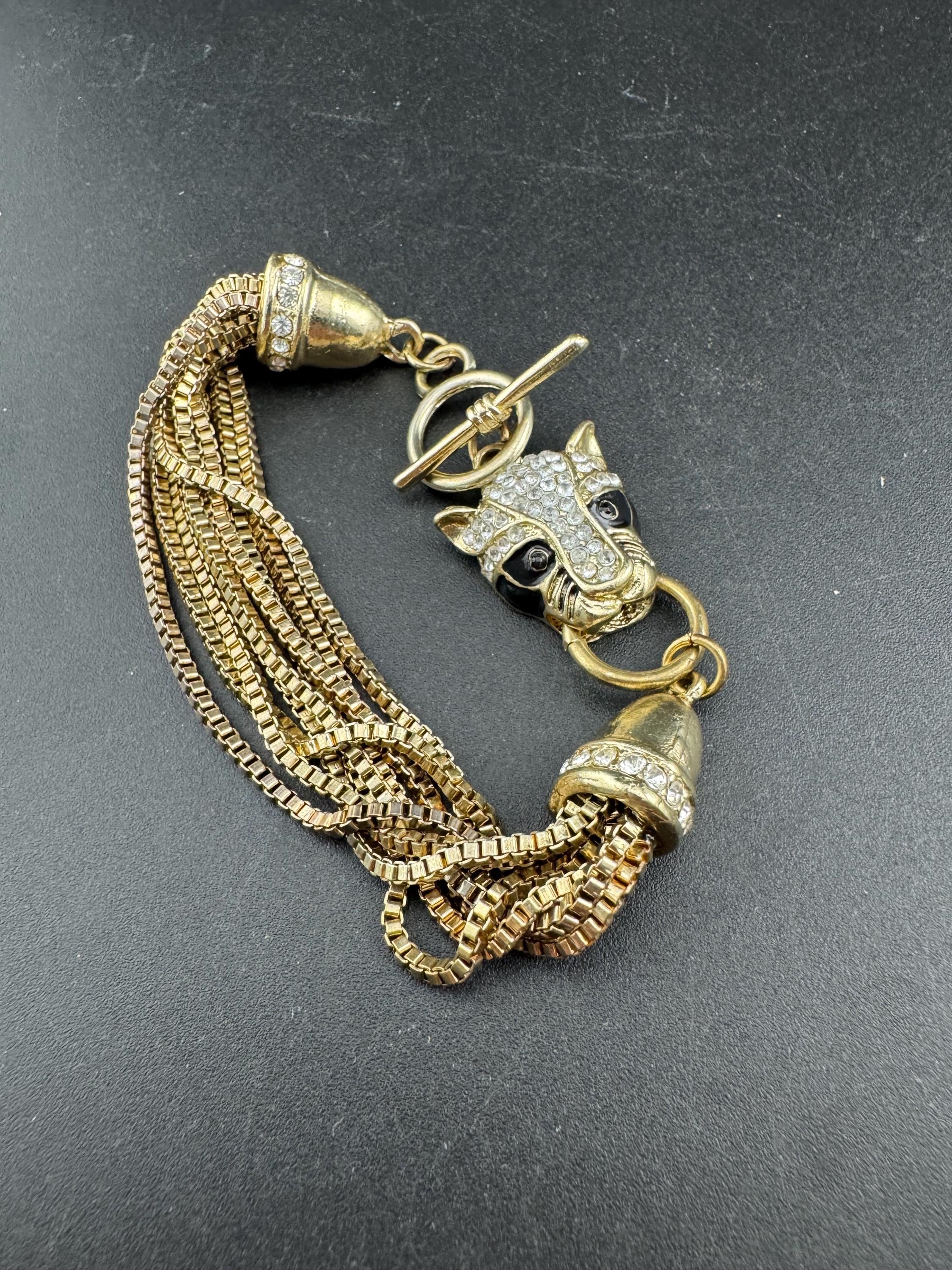 Retro black enamel BIG CAT champagne gold tone box chain link toggle bracelet,  tiger panther
