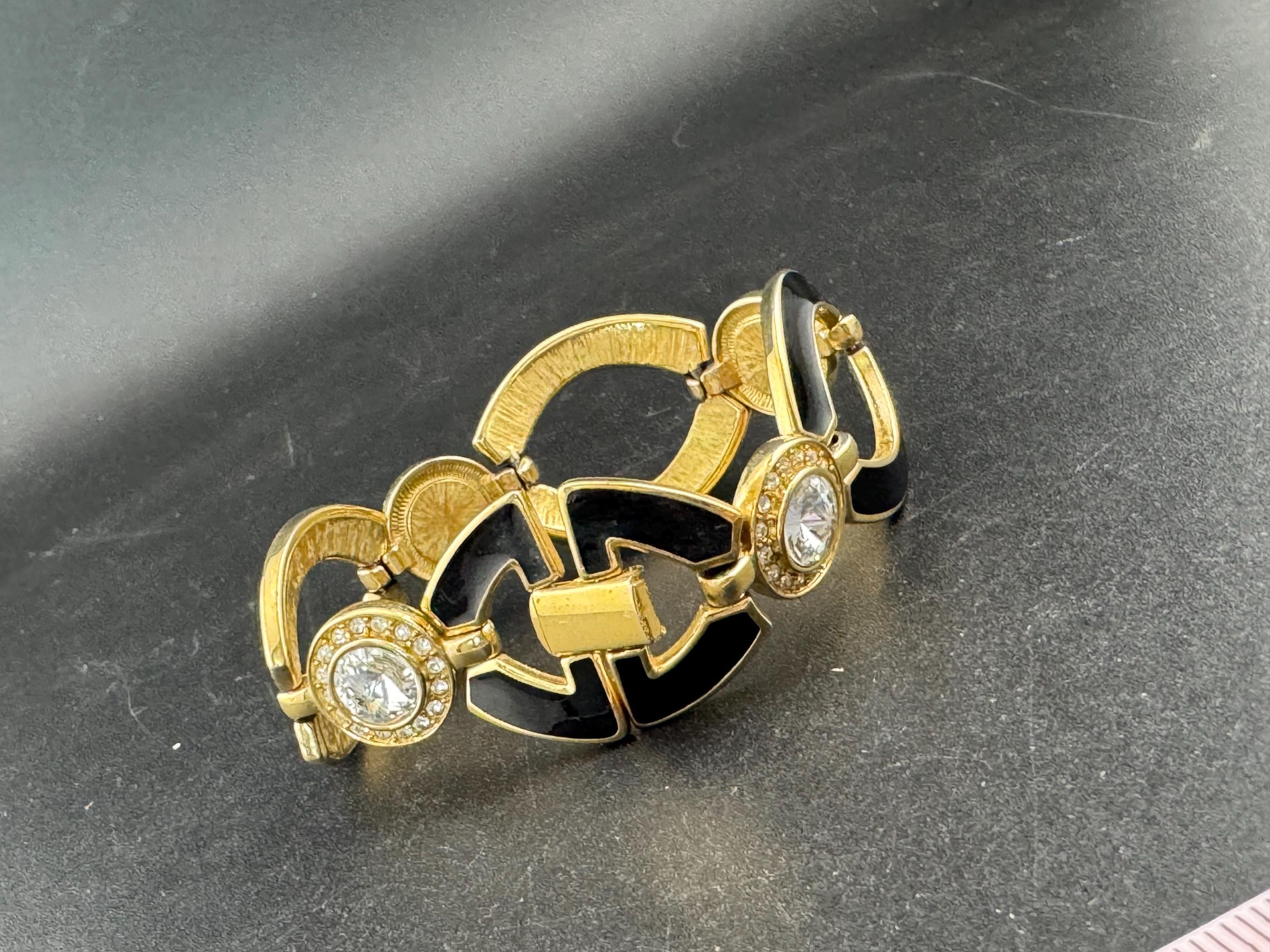 Signed BG Berghorf Goodman Wide black enamel and clear rivoli diamanté panel link bangle
