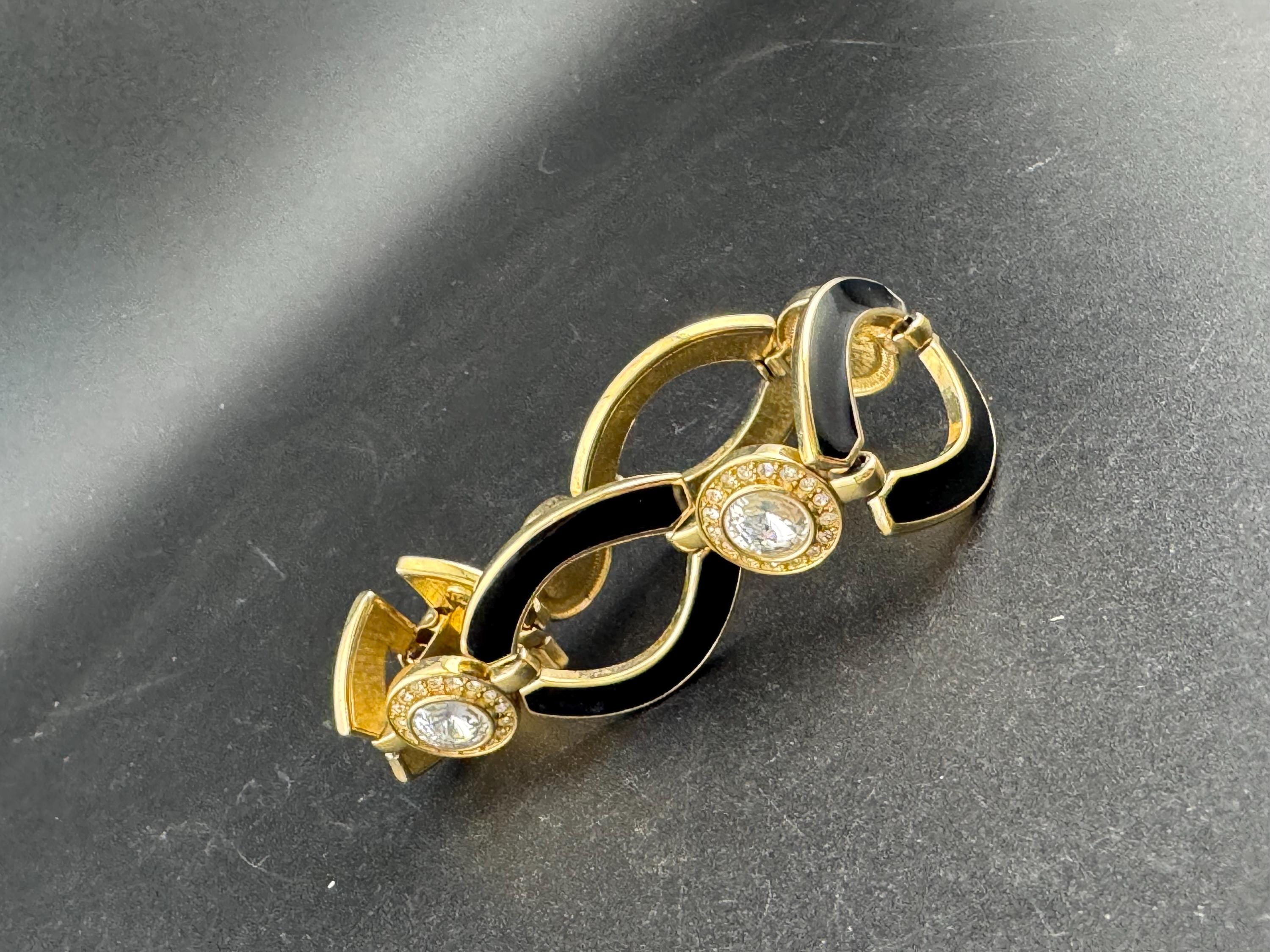 Signed BG Berghorf Goodman Wide black enamel and clear rivoli diamanté panel link bangle