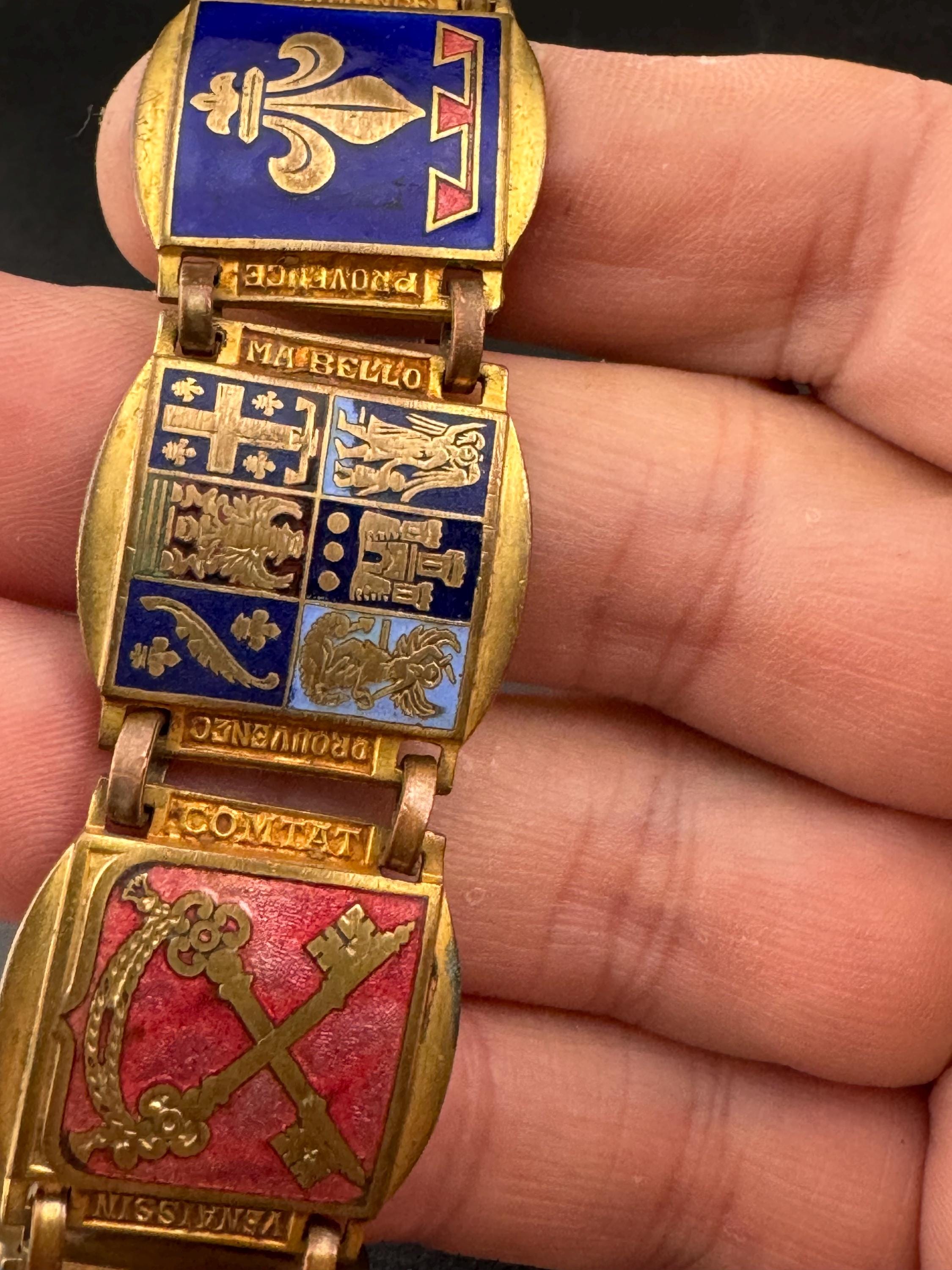 French Vintage Brass Panel Bracelet: Provence Souvenir, Red Blue Green Enamel
