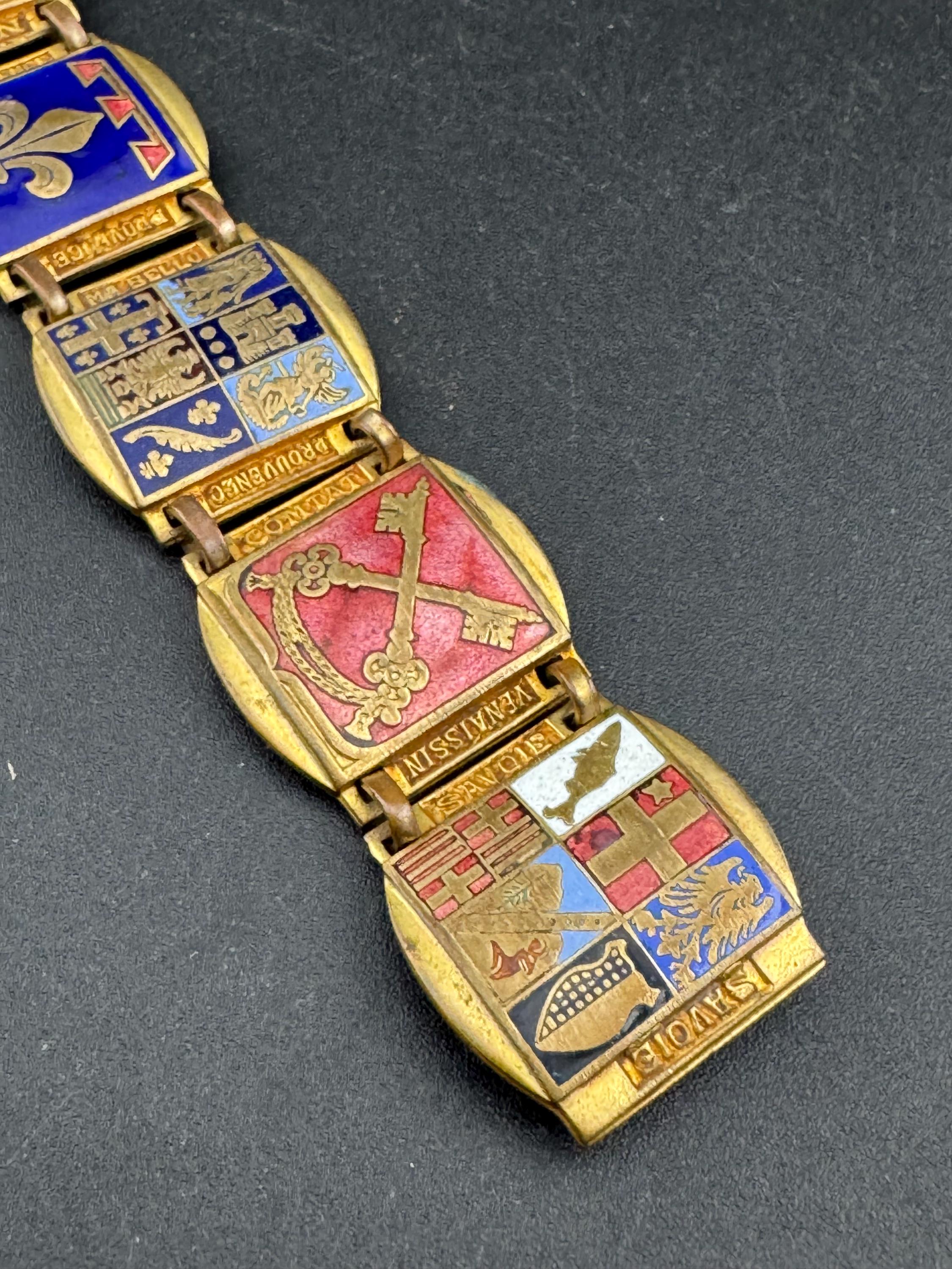 French Vintage Brass Panel Bracelet: Provence Souvenir, Red Blue Green Enamel